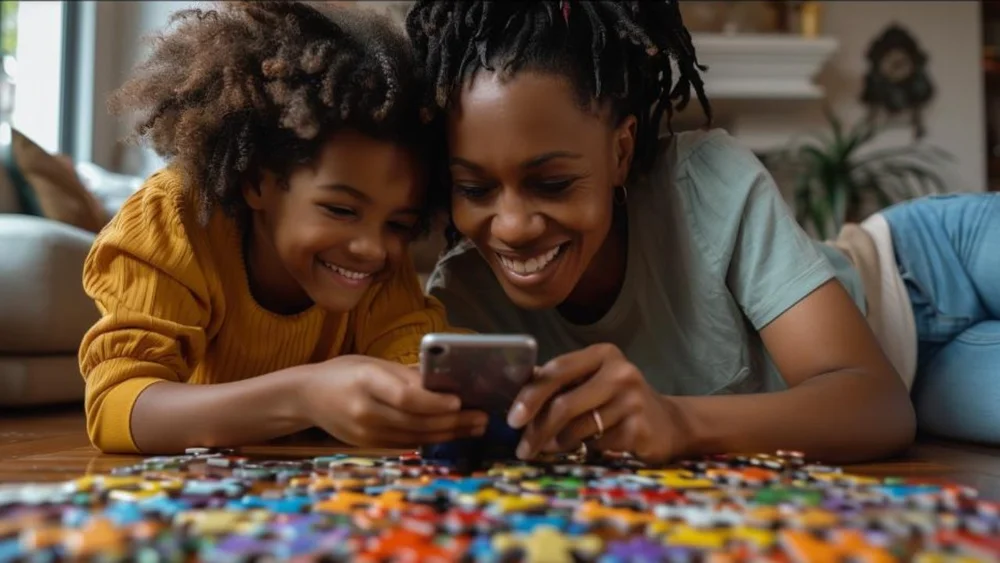 A mother and daughter laughing over a FaithLabz puzzle