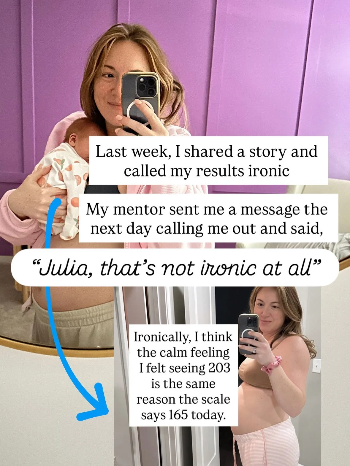 &ldquo;Julia, that&rsquo;s not ironic at all&rdquo;

That message stopped me in my tracks

I realized that - even after losing 15 lbs and keeping it off for 2 years and then losing 35 lbs postpartum without having to work too hard for it - I still wa