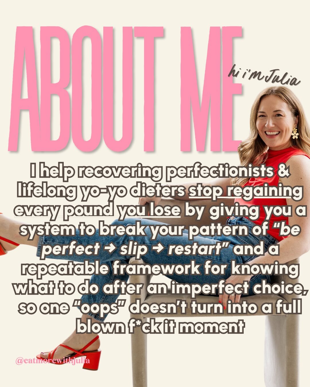 Hi, I&rsquo;m Julia 👋, nutrition coach and recovering perfectionist myself.

I help chronic yo-yo dieters and recovering perfectionists lose the weight for good &mdash; by finally breaking the &ldquo;be perfect &rarr; slip &rarr; restart&rdquo; cycl