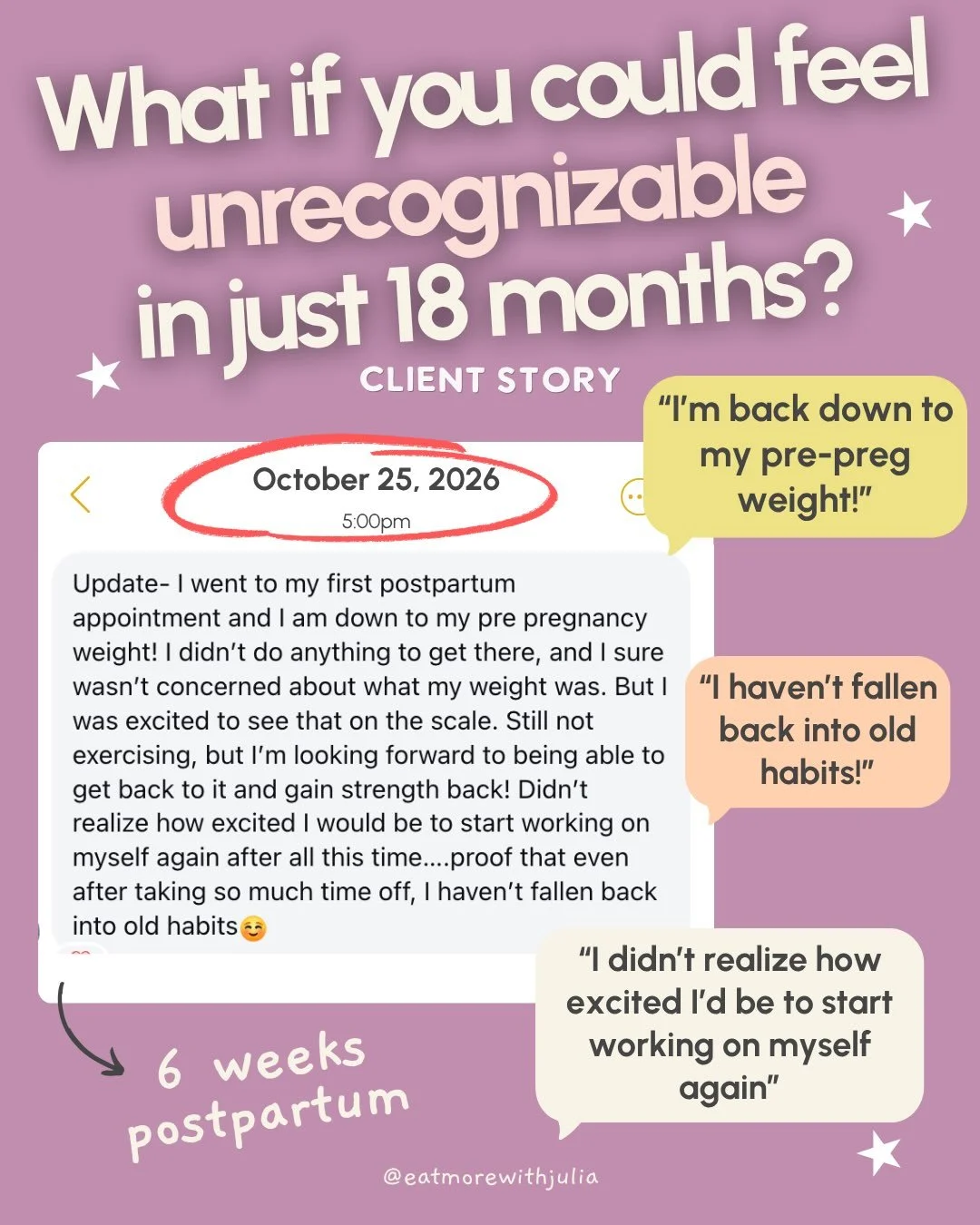 A true 180

From: &ldquo;l&rsquo;ve tried to do stuff in the past and have struggled to stick with it. I&rsquo;m worried that I&rsquo;m gong to be discouraged&rdquo; in her intake form

To being EXCITED to start moving her body again at 2 months post
