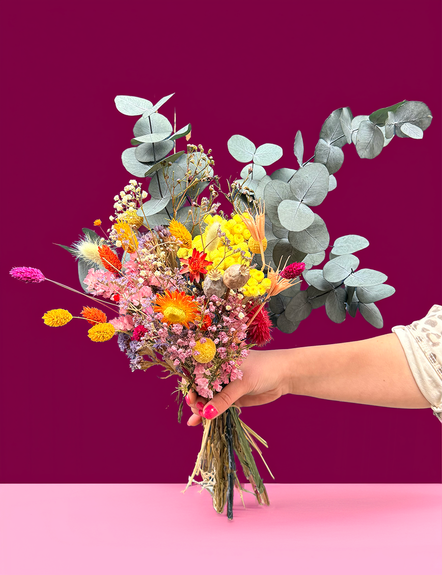 Grand bouquet fleurs séchées eucalyptus & tons orangés/roses