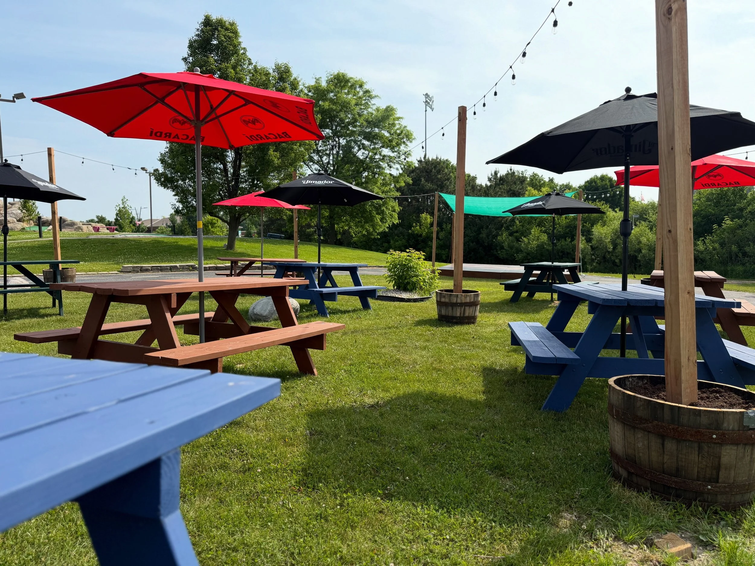 Outdoor seating area with colorful picnic tables, umbrellas, string lights, and potted trees on a grassy lawn.