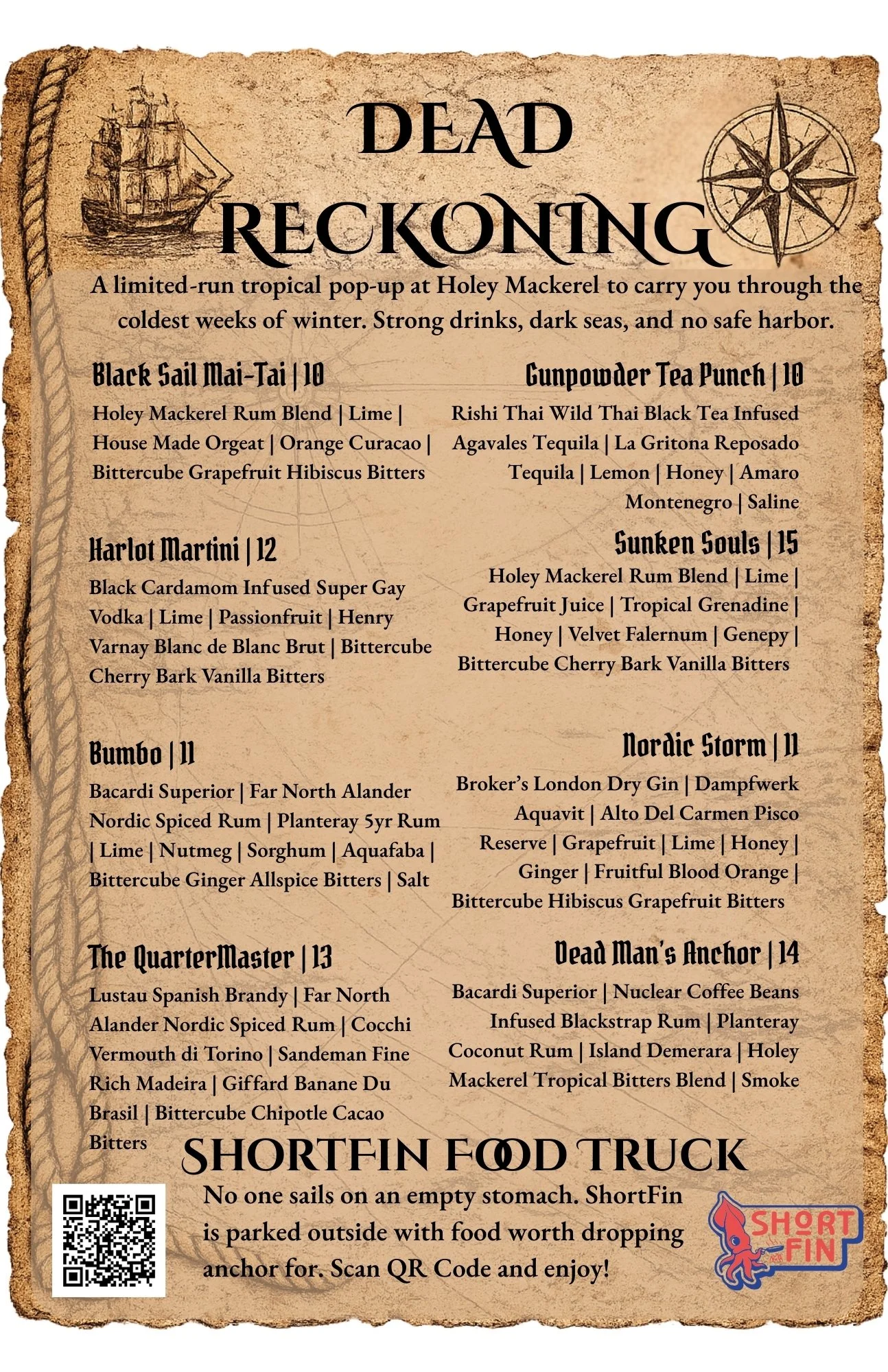 Pirate-themed menu with items such as Black Sail Mai-Tai, Gunpowder Tea Punch, Harlot Martini, Sunken Souls, Bumbo, Nordic Storm, The QuarterMaster, Dead Man's Anchor, and a note about the ShortFin food truck, featuring a ship, compass rose, and a cartoon squid logo.