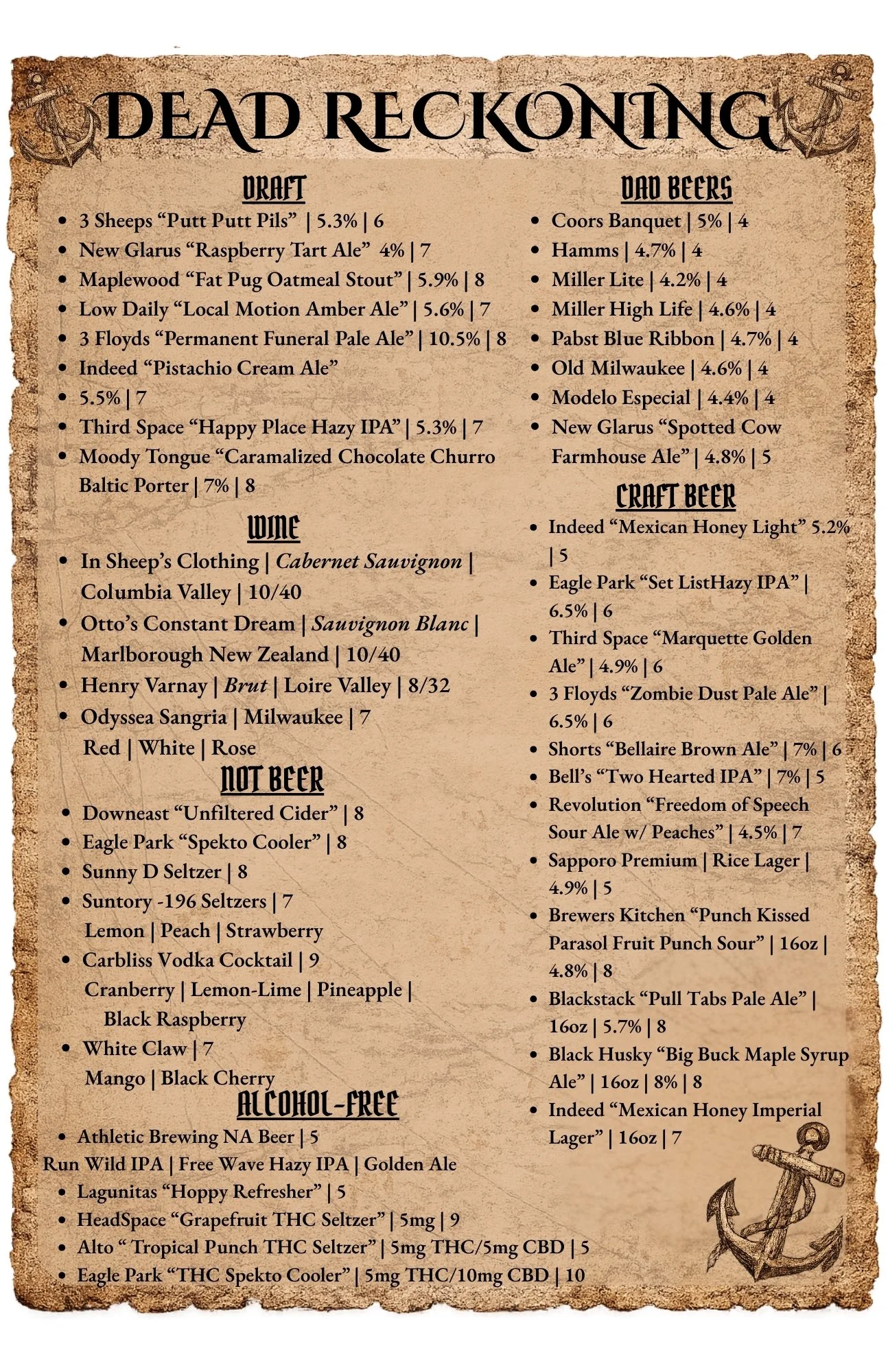 A nautical-themed beer menu titled "Dead Reckoning" featuring sections for Draft, Wine, Not Beer, Craft Beer, and Alcohol-Free drinks, with various beer and wine options and their alcohol content.