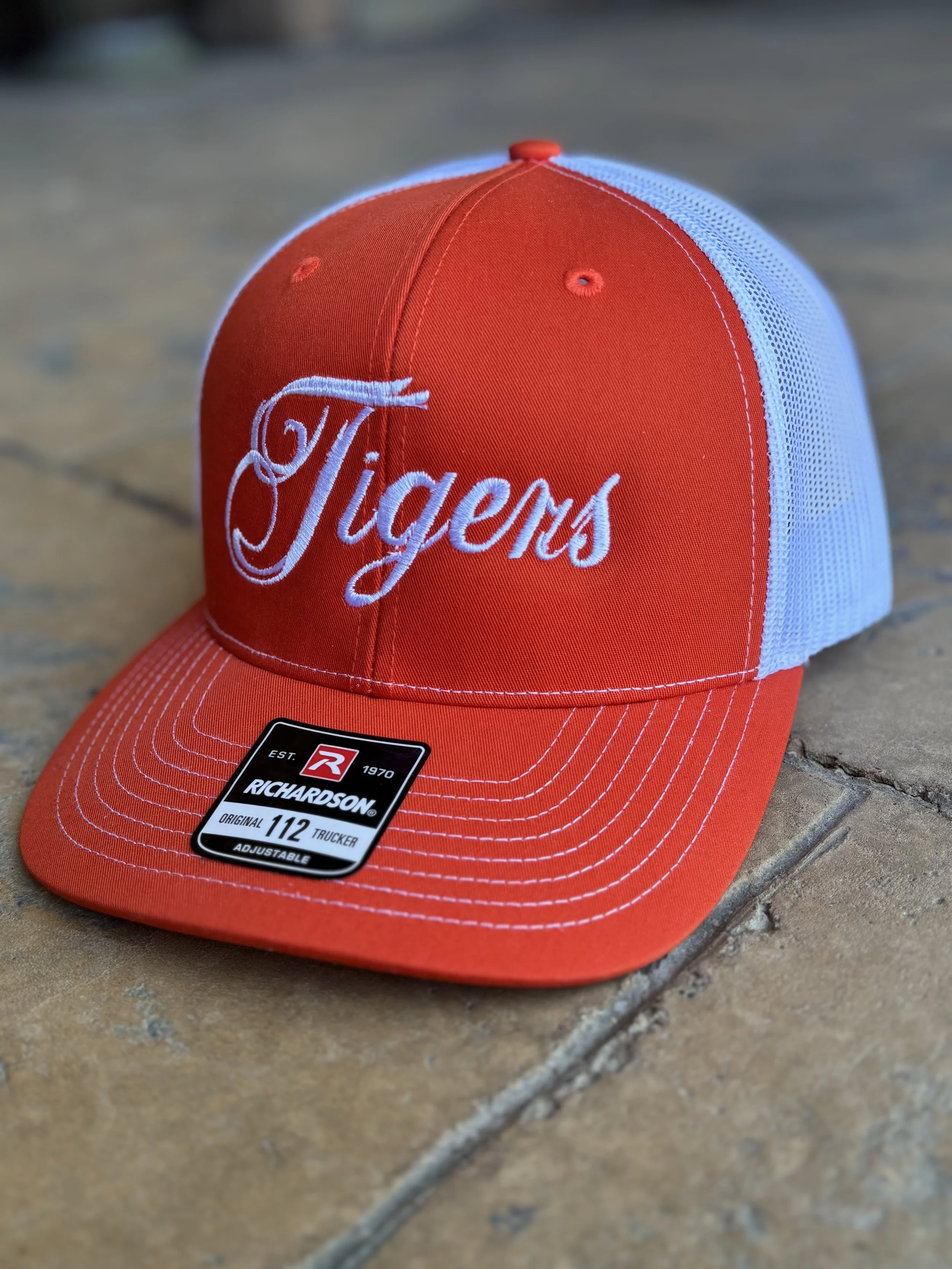 $22 - Richardson 112 Trucker Hat - Orange and White with Tigers Script