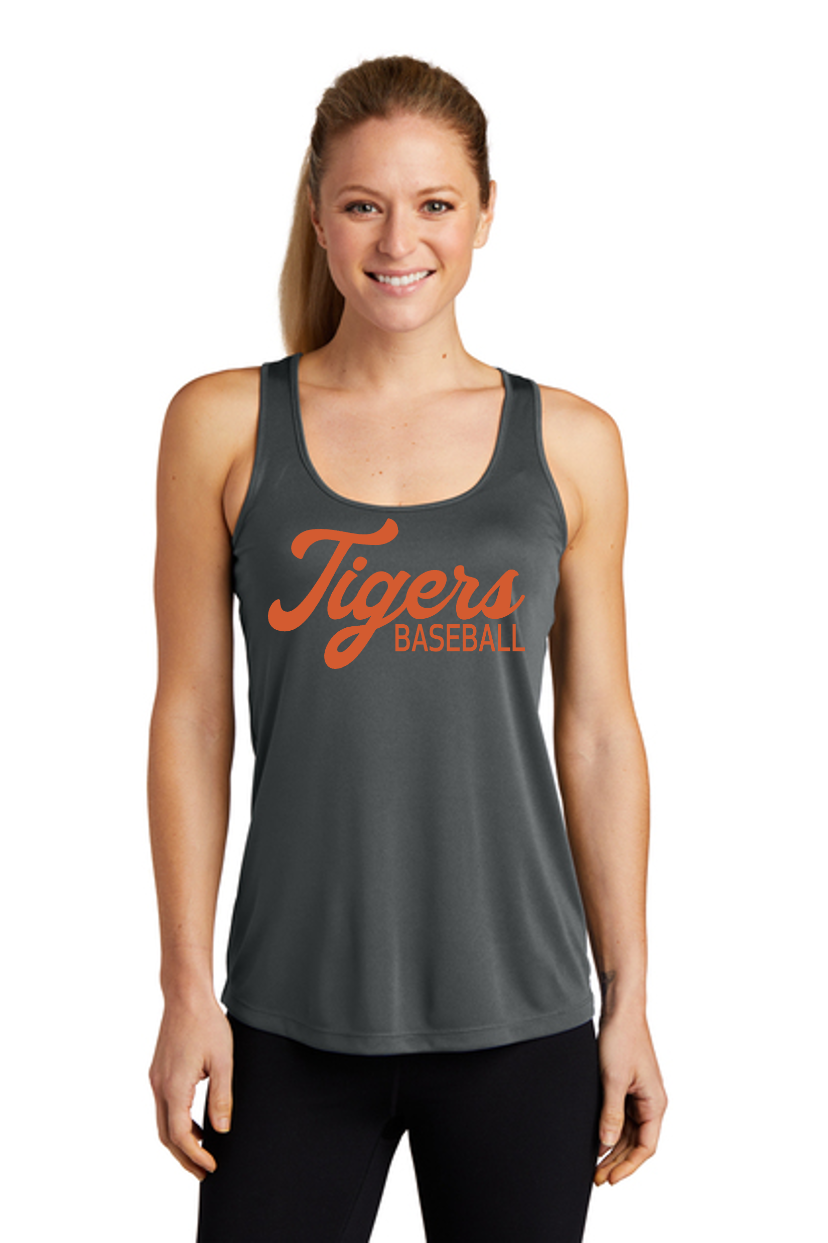 ladies charcoal tank orange script.png
