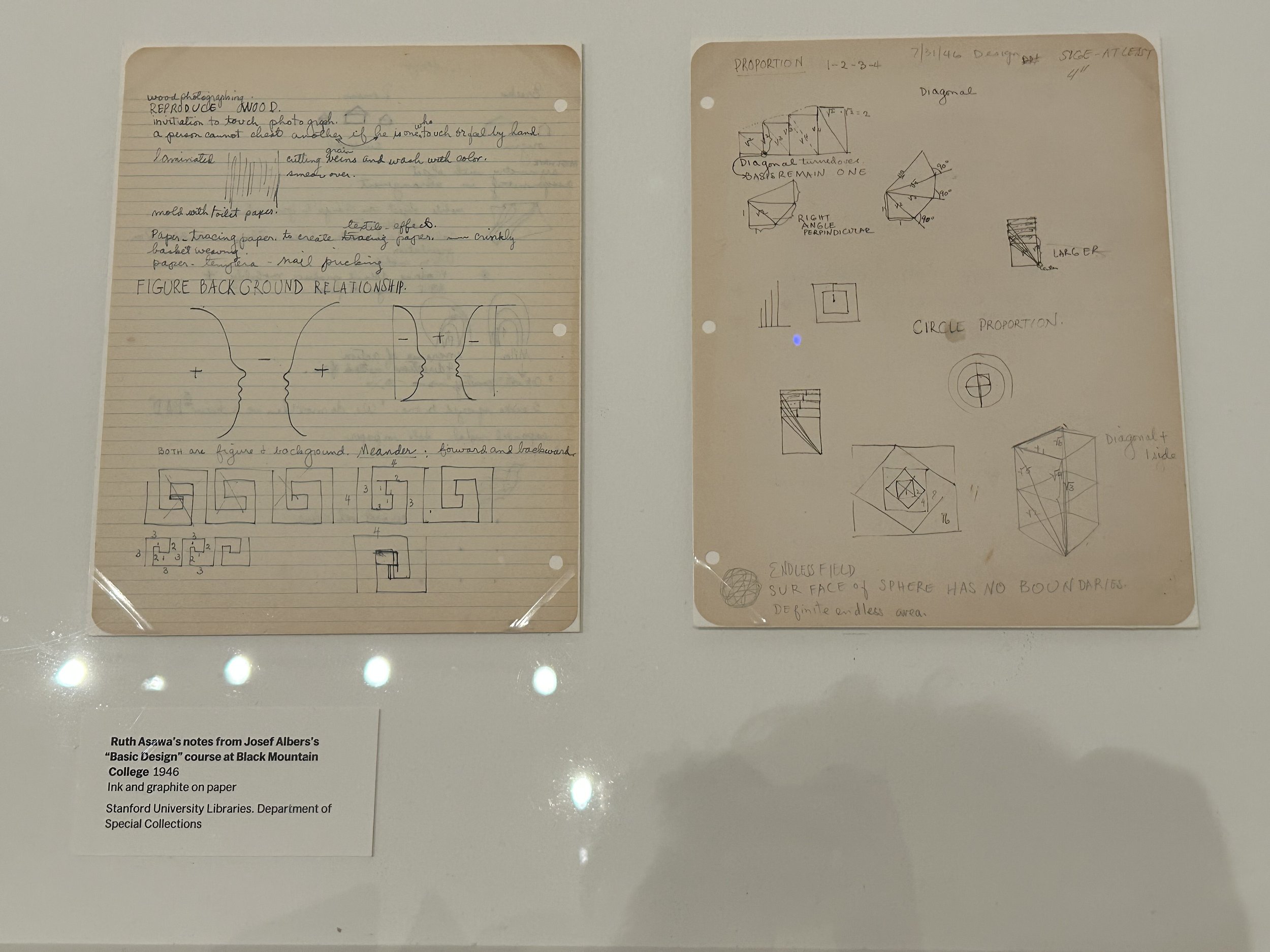  Ruth Asawa's notes from Josef Alber's "Basic Design" course at Black Mountain College, 1946  Ink and graphite on paper  Stanford University Libraries. Department of Special Collections 