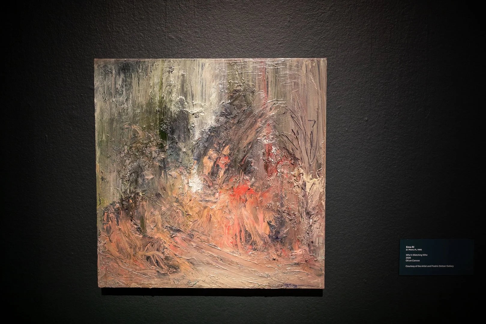 Ema Ri  (b. Miami, FL, 1988)  Whos Watching Who  2026  Oil on Canvas  24 x 24 inches  Courtesy of the Artist and Fredric Snitzer Gallery  Photography by Laura Serdiuk, Women in the Arts, Inc. 