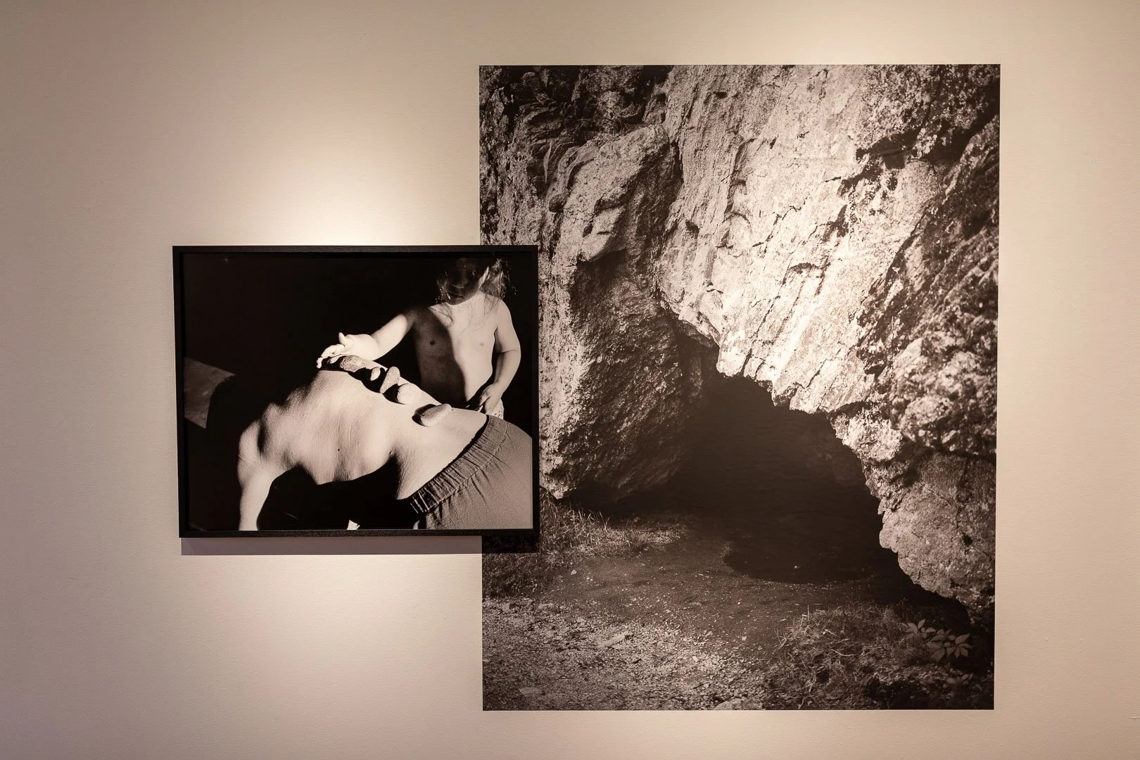  Left:  Rose Marie Cromwell  (b. Sacramento, CA, 1983)  On Her Back  2023  Photograph  32 x 40 in.  Courtesy of the Artist and VISU Contemporary  Right:  Rose Marie Comwell  (b. Sacramento, CA, 1983)  The Cave  2025  Adhesive Vinyl  60 x 75 in.  Cour