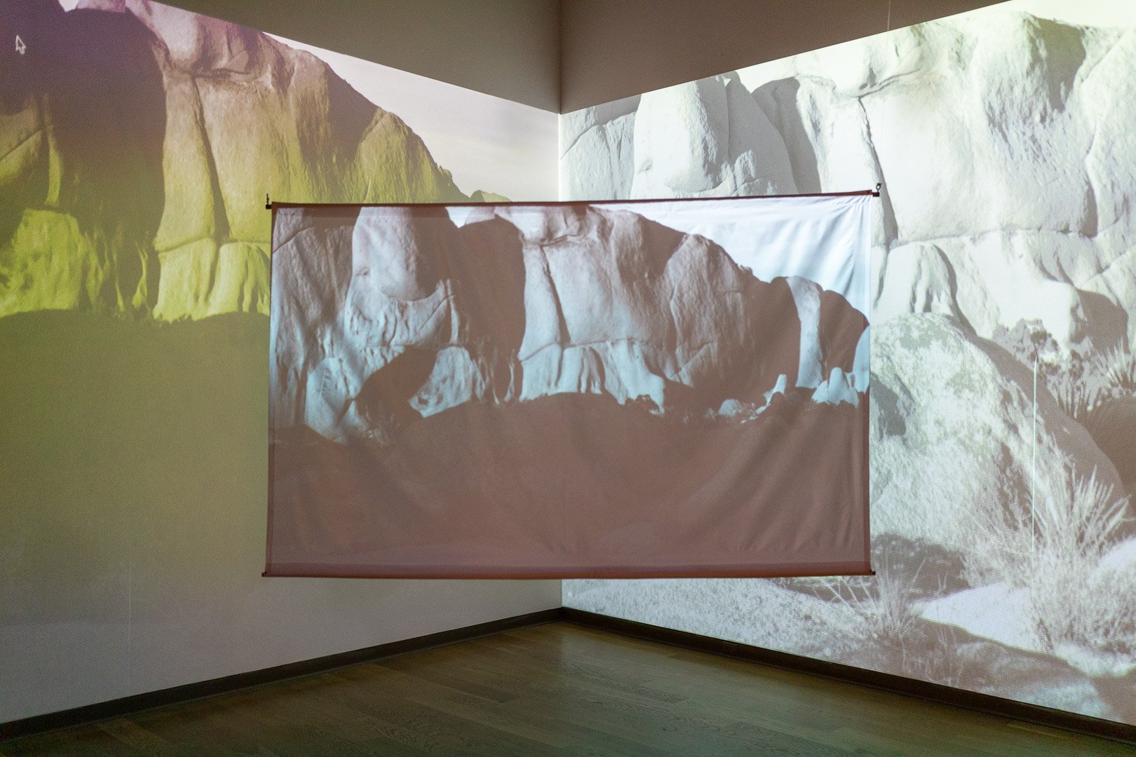  Rose Marie Cromwell  (b. Sacramento, CA, 1983)  Sundown  2026  3-channel video installation  13:53 duration  Courtesy of the Artist and VISU Contemporary  Photography by Laura Serdiuk, Women in the Arts, Inc. 