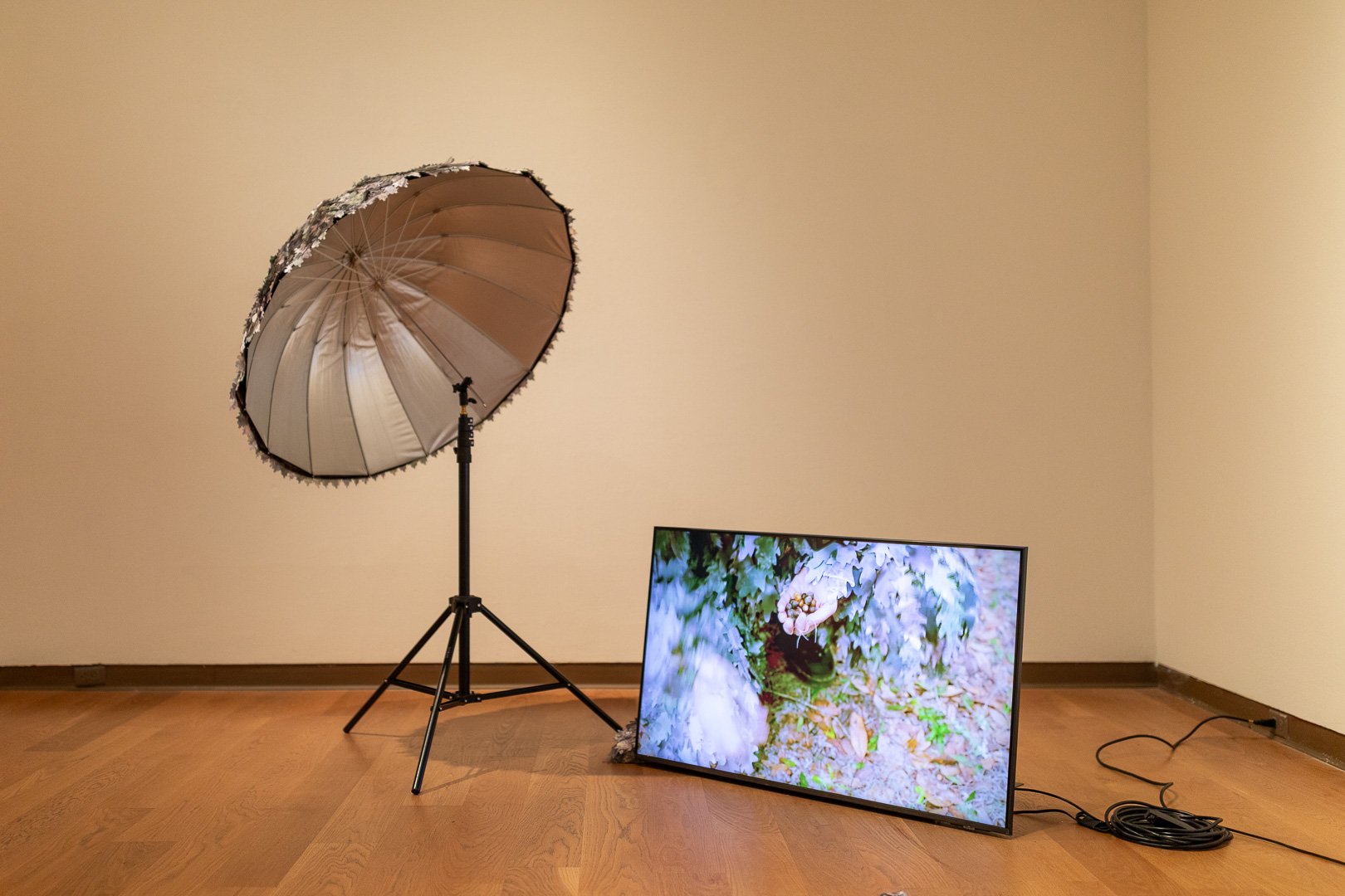  Meredith Laura Lynn and Katie Hargrave  (b. Boston, MA, 1984)  (b. Chicago, IL, 1985)  Bad Outdoorsmen (Application Video) (Northeast Florida) (Vignette 2)  2024  5 channel video with sculptural elements including lasercut polysilk textiles and  pho