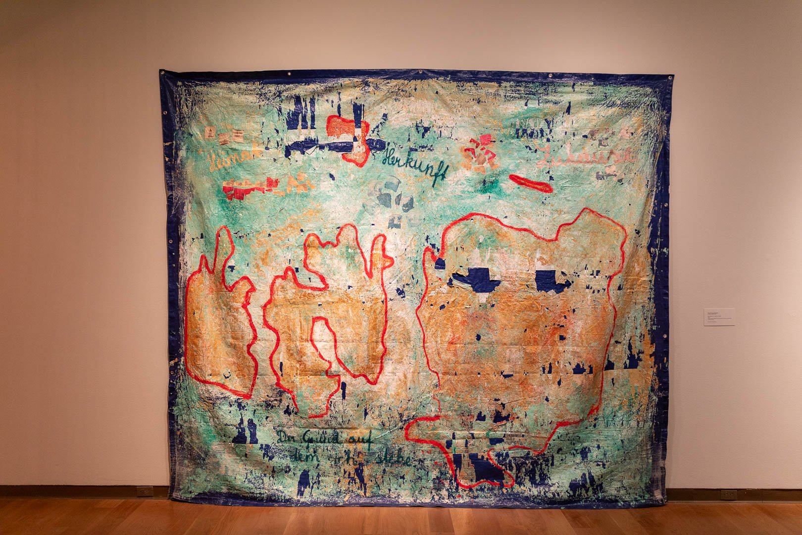  Maria Theresa Barbist  (b. Schwaz, Austria, 1979)  DER GRUND AUF DEM ICH STEHE, 2025  Mixed-media installation: acrylic paint, oil stick, and Polaroid transfer on tarp  118 x 136 in.  Courtesy of the artist  Photography by Laura Serdiuk, Women in th