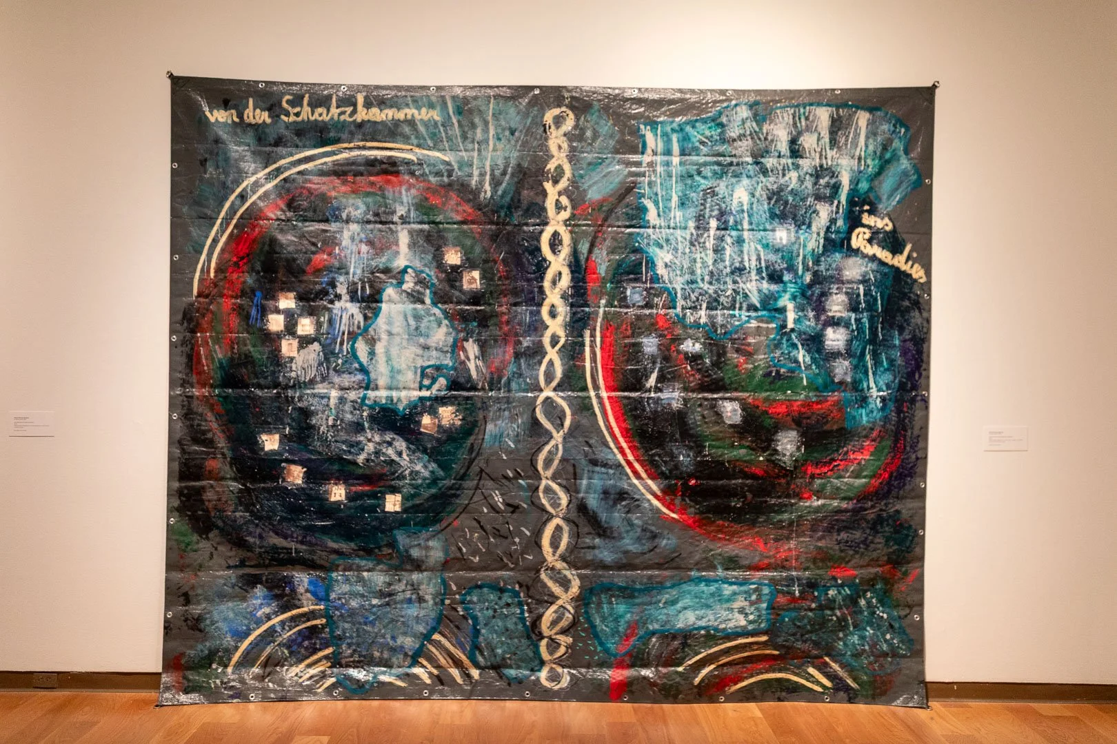  Maria Theresa Barbist  (b. Schwaz, Austria, 1979)  VON DER SCHATZKAMMER INS PARADIES, 2025  Mixed-media installation: acrylic paint, markers, oil sticks, and Polaroid transfer on  tarp  118 x 144 in.  Courtesy of the artist  Photography by Laura Ser