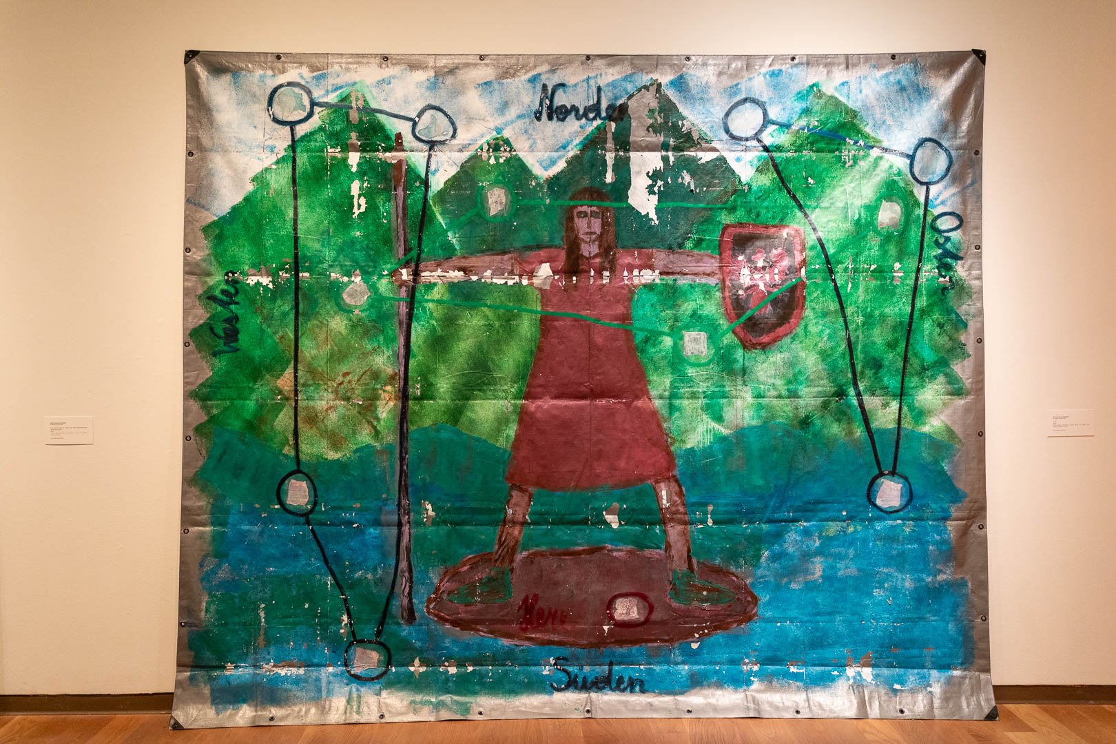  Maria Theresa Barbist  (b. Schwaz, Austria, 1979)  HERE, 2026  Mixed-media installation: acrylic paint, oil stick, and Polaroid transfer on tarp  119 x 142 in.  Courtesy of the Artist  Photography by Laura Serdiuk, Women in the Arts, Inc. 
