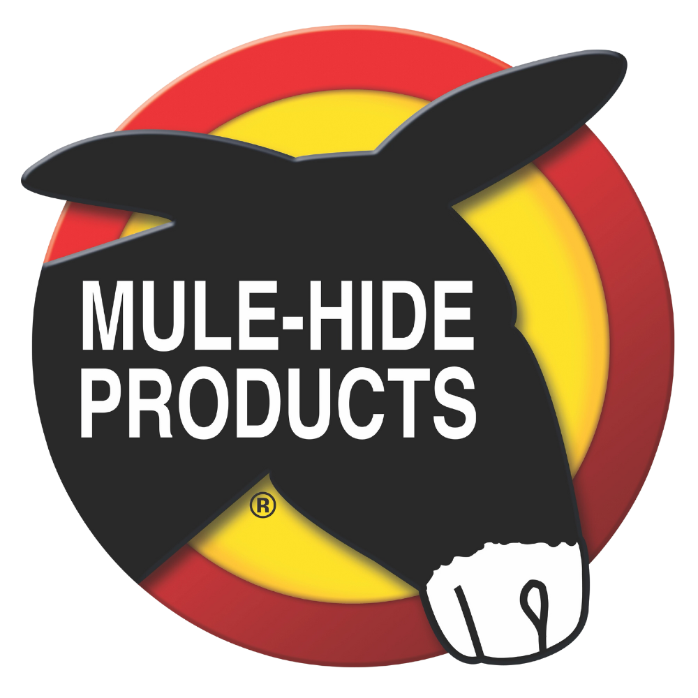 Mule-Hide Products logo featuring a donkey silhouette with red and yellow circular background.