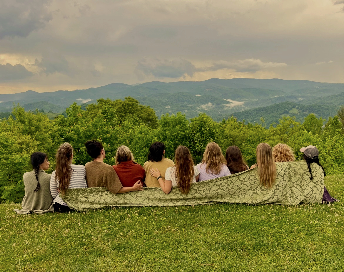 A group of people sitting on a blanket outdoors on a grassy area, overlooking a forest and distant mountains under a cloudy sky.