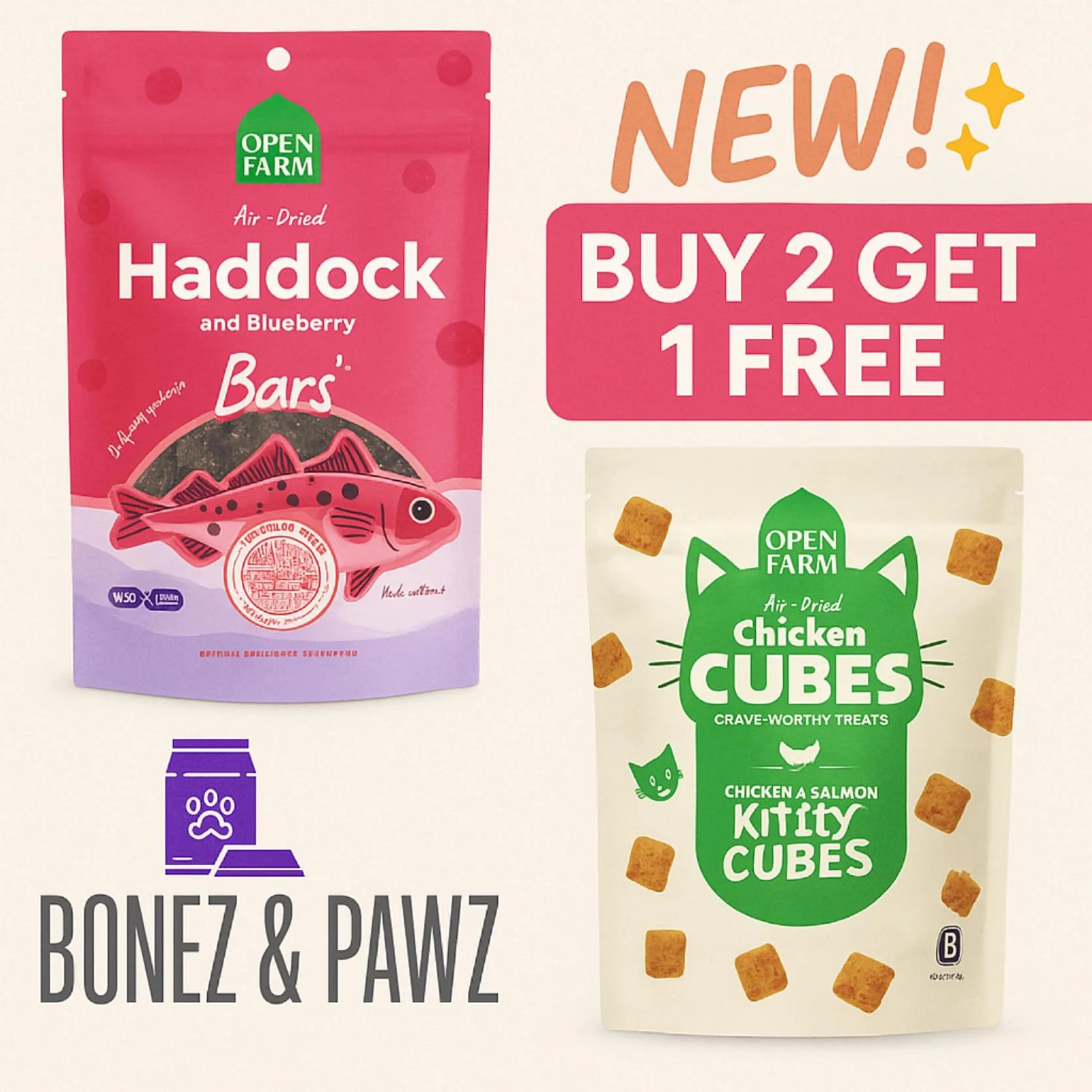 New Treat Alert!!! Open Farm dog bars and cat cubes are now in stock and of course buy 2 get 1 free! Come try them now before they sell out. #bonezandpawz #dogtreat #smallbusiness  #cat #dog