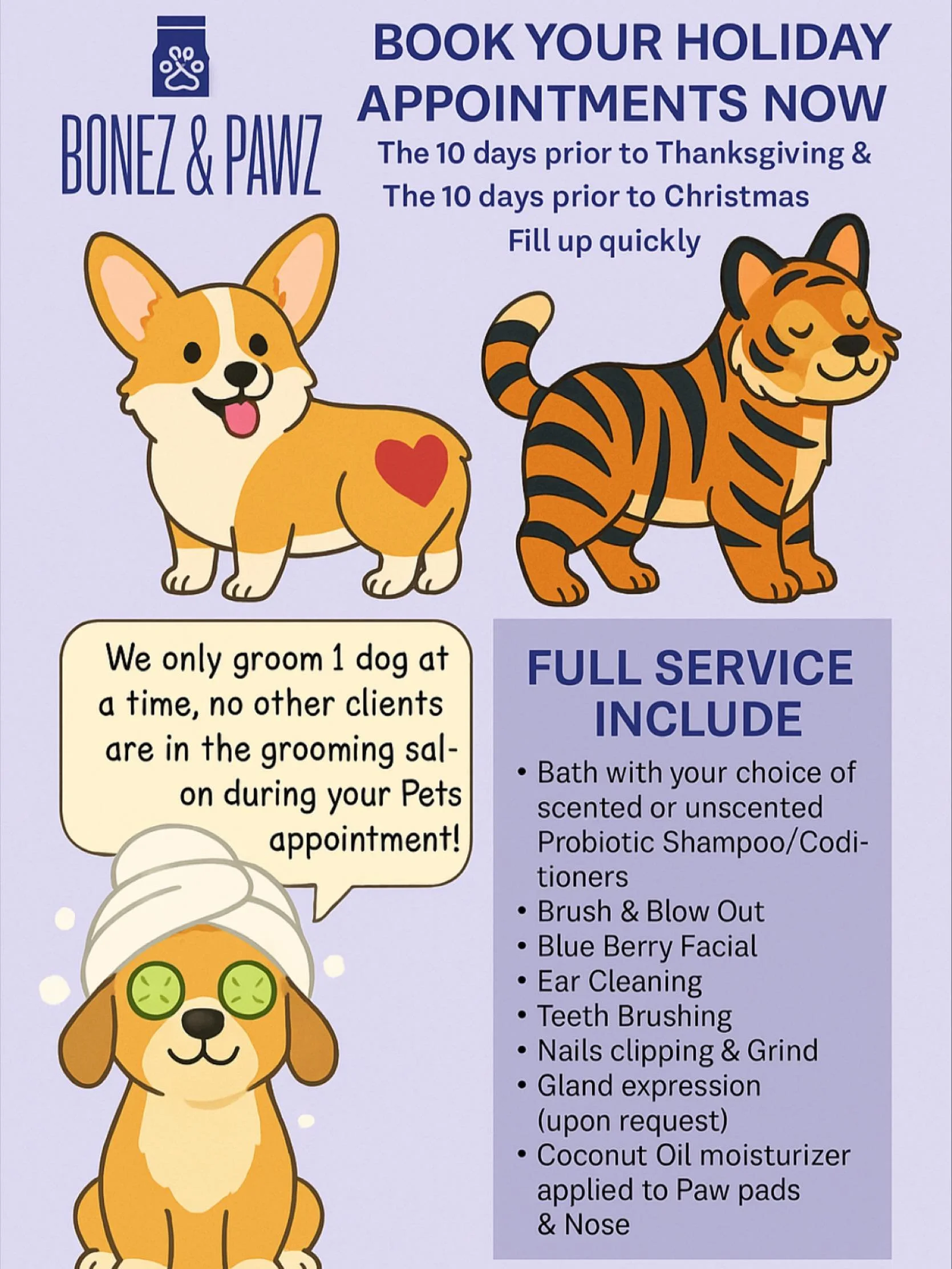 The holidays are coming fast - make sure your furry friends look their best for all the family photos! 🎃🎄🦃 Here we only groom one dog or cat at a time to make sure your pet has the best experience possible. We also now offer color! So if you&rsquo