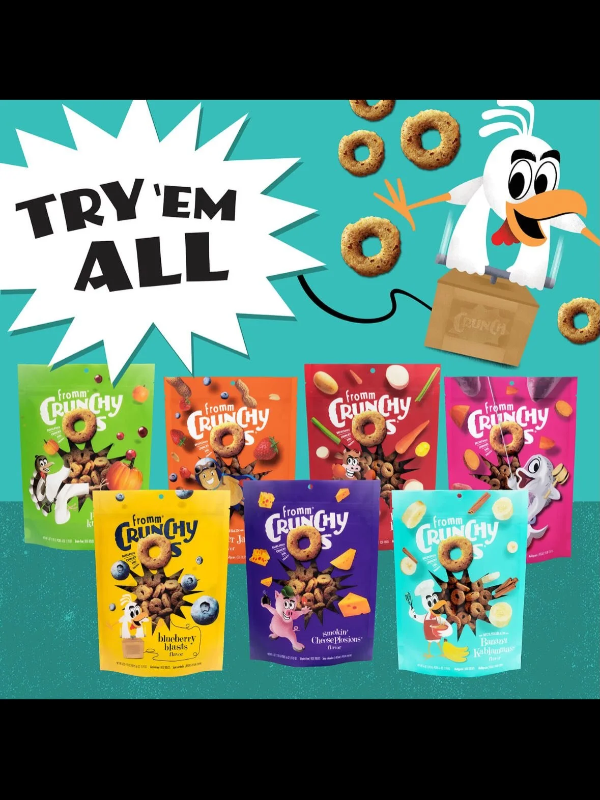 Fromm Crunchy O&rsquo;s are made with simple, wholesome ingredients and baked in small batches. Their fun O-shape and low calories make them the perfect reward for pups of all sizes!

Like Cheerios for dogs 😉🐶

Grab a bag at Bonez &amp; Pawz 💜🐾 #