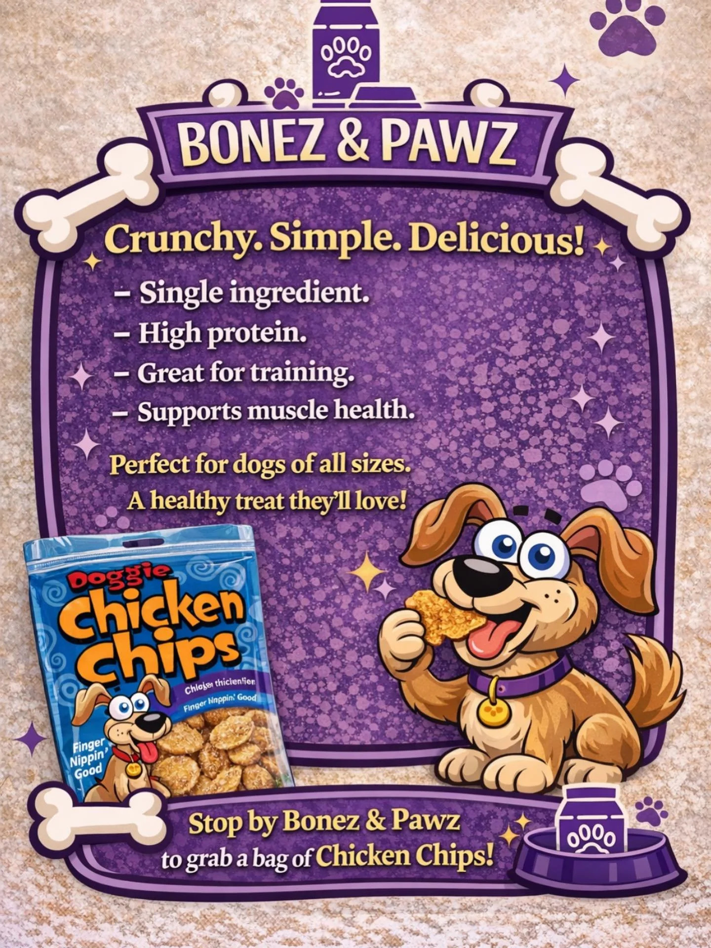 Crunchy, simple, and dog-approved 🐔✨

Chicken chips are made with real chicken and nothing extra - making them the perfect high-protein treat for picky pups and everyday spoiling 🐾

Stop by Bonez and Pawz and let your pup try their new favorite sna
