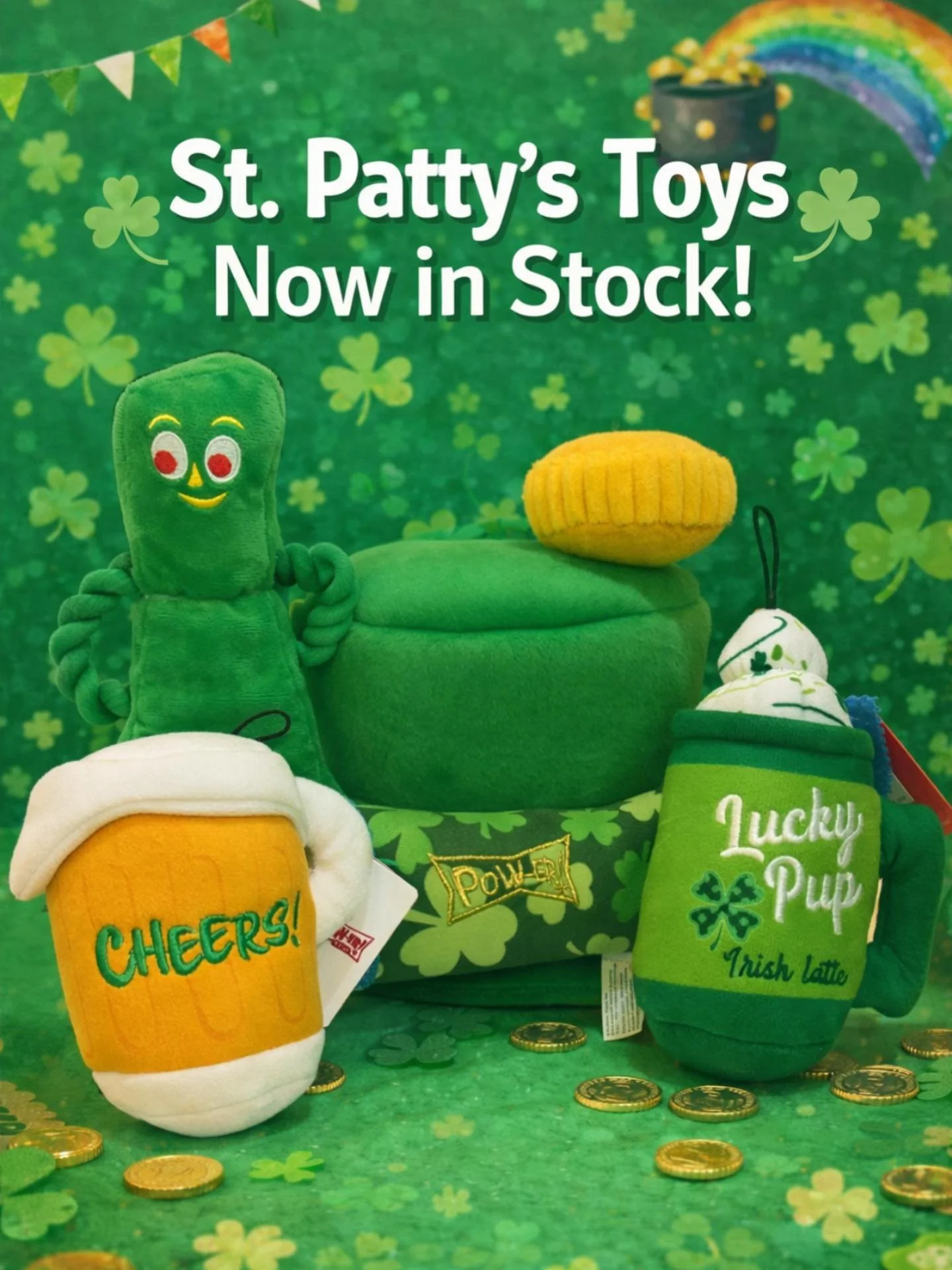 🍀Lucky Pups, this one&rsquo;s for you!🍀
Our St.Patty&rsquo;s Day toys are now in stock and they&rsquo;re cuter than a pot of gold at the end of the rainbow!🌈💚
From festive brews to lucky plushies, these toys are perfect for celebrating with your 