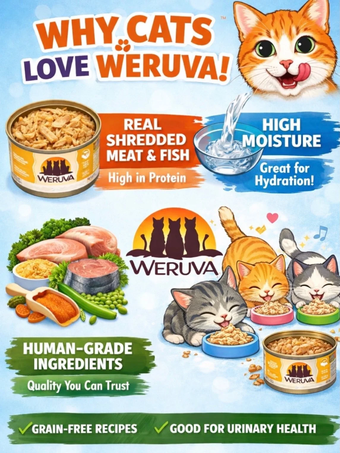 Why do pets LOVE Weruva?🐾
✨Real shredded meat and fish
✨High moisture for hydration 
✨Human-grade ingredients 
✨Tons of flavors for picky cats and dogs 

Perfect for cats (and dogs too!) who deserve the best at mealtime. Stop by Bonez and Pawz and s