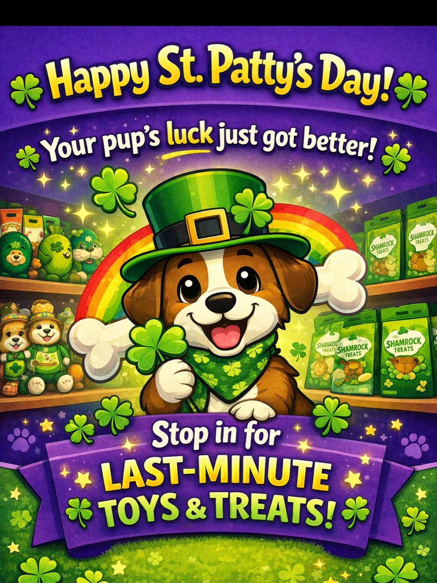 Feeling lucky? Your pup should too 🍀🐾

Stop by Bonez and Pawz for last-minute St. Patty&rsquo;s Day toys &amp; treats before they&rsquo;re gone! 💚✨

From festive toys to tasty goodies, we&rsquo;ve got everything to keep those tails wagging 🦴

Don