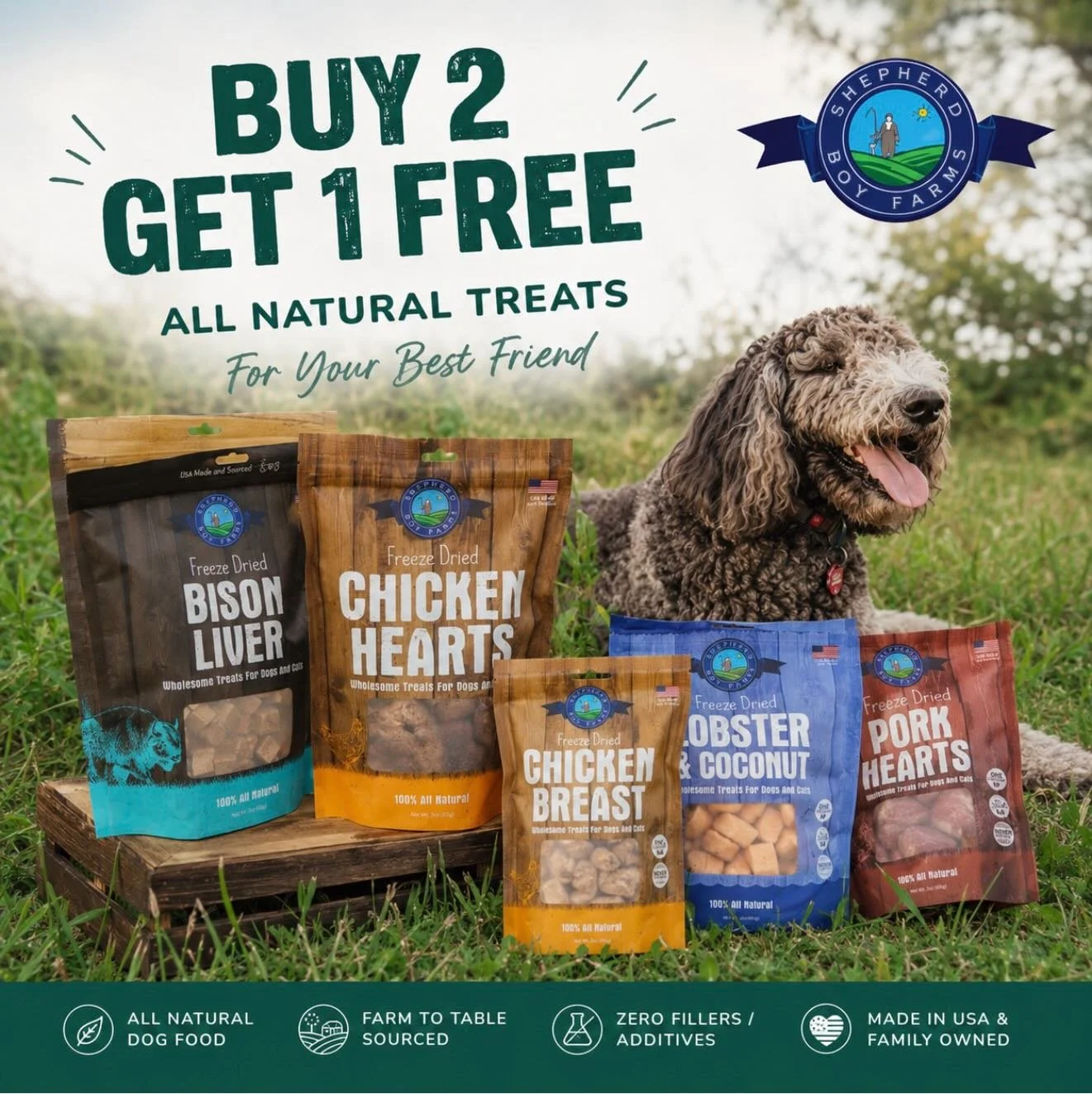 🎉 BUY 2, GET 1 FREE! 🎉
Stock up on your pup&rsquo;s favorite Shepherd Boy Farms freeze-dried treats and get one FREE! For both CAT and DOG🐾  Offer available for a limited time. Shop now! 🦴 #dogtreat #dogsofinstagram #nofiller #healthypets #cats_o