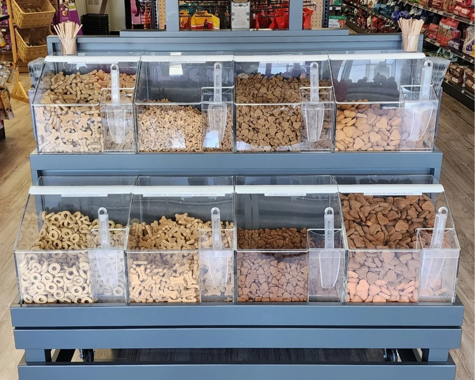 Bulk store display with clear plastic bins filled with various dog treats in a retail store.