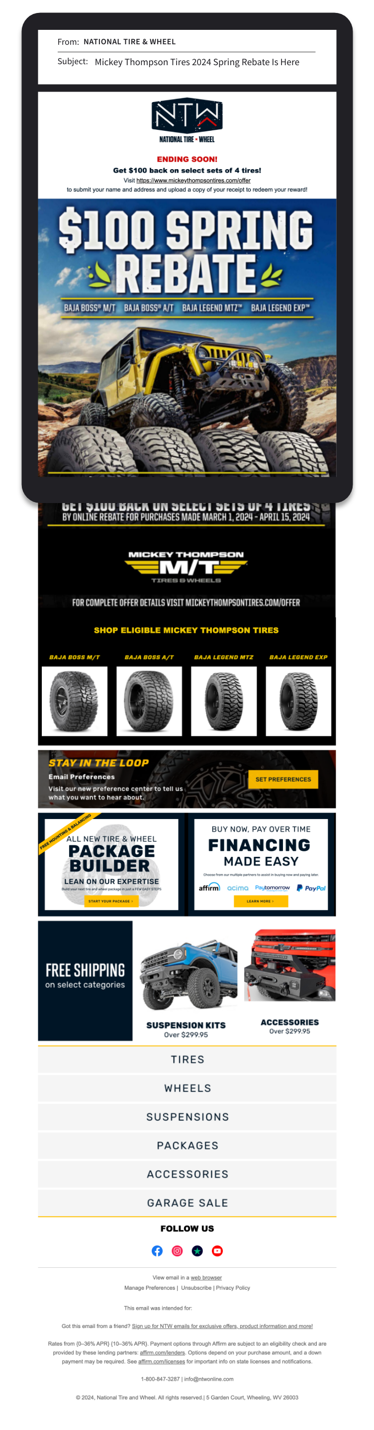 A promotional email for Mickey Thompson Tires' 2024 spring rebate, featuring a Jeep on rocky terrain and offering $100 back on select tire sets, valid from March 1 to April 15, 2024.