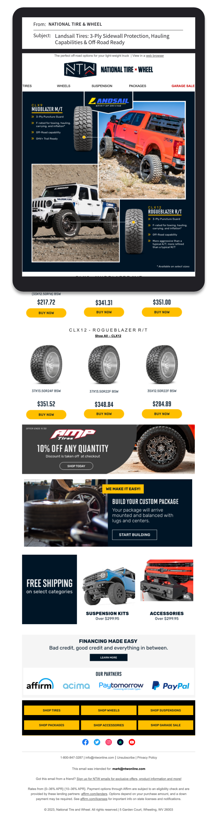 A digital flyer from National Tire & Wheel promoting off-road tires and accessories, featuring images of trucks with off-road tires, prices for different tires, and sections for suspension kits, accessories, free shipping, and financing options.