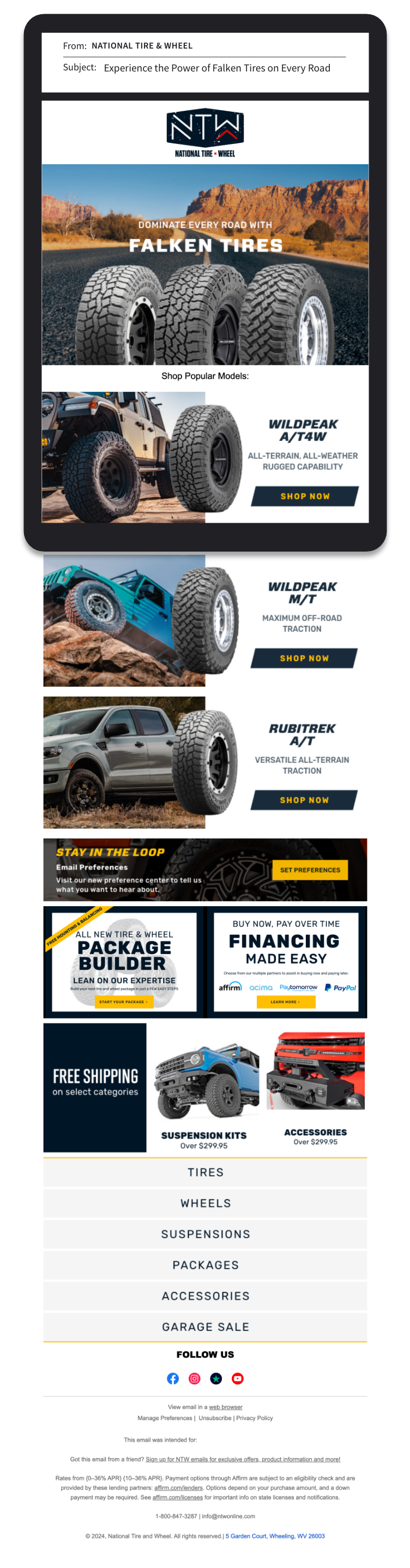 An email newsletter promoting Falken tires and wheels, featuring off-road tires, vehicle images, financing options, free shipping, and links to shop and follow on social media.