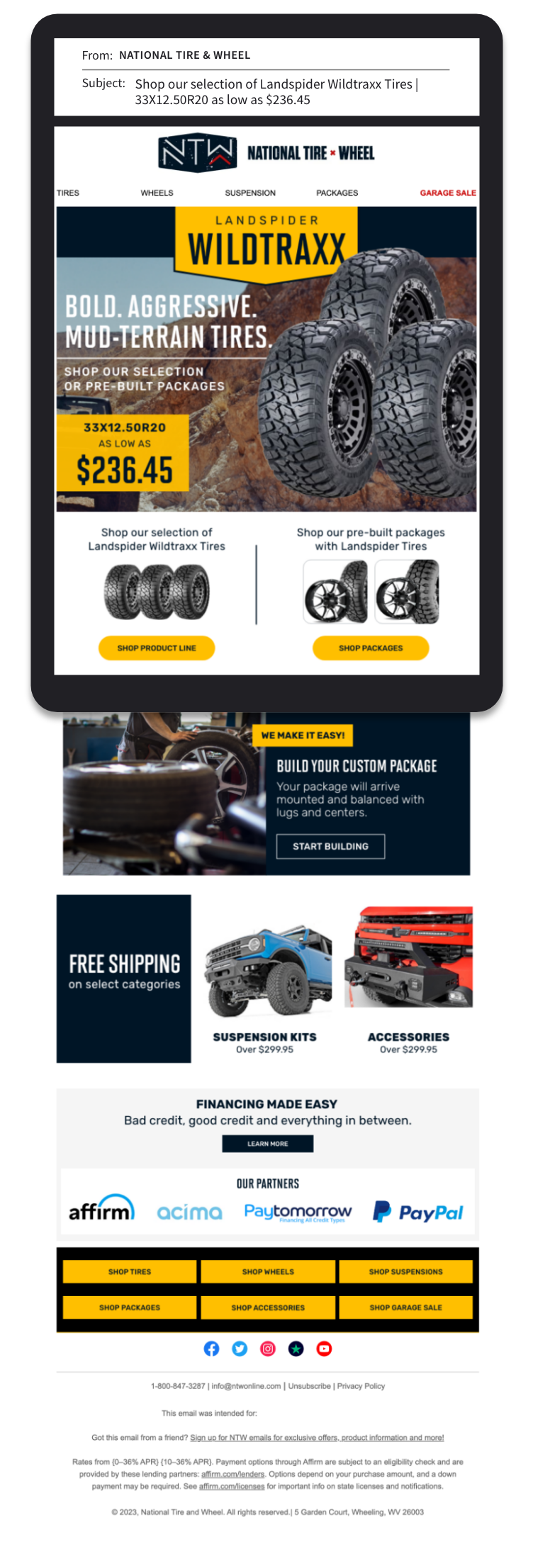 An email advertisement for National Tire & Wheel showcasing Landspider Wildtrax tires, with prices starting at $236.45, and options for shop product line, packages, suspension kits, accessories, and garage sale items. Includes sections for building c