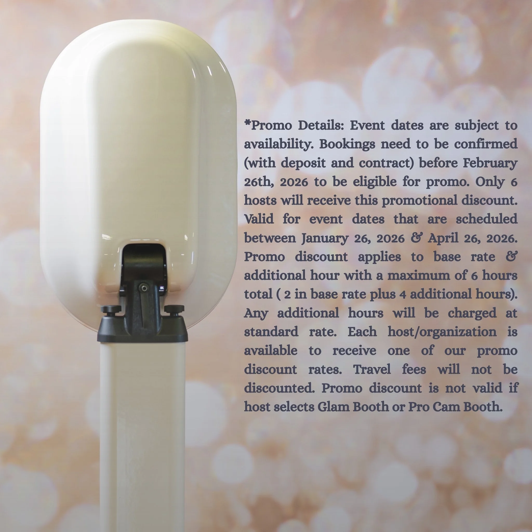 Aspire Photography & Film photo booth setup shown with promotional details outlining the Kick Off 2026 limited-time 26 percent off photo booth offer and booking conditions.