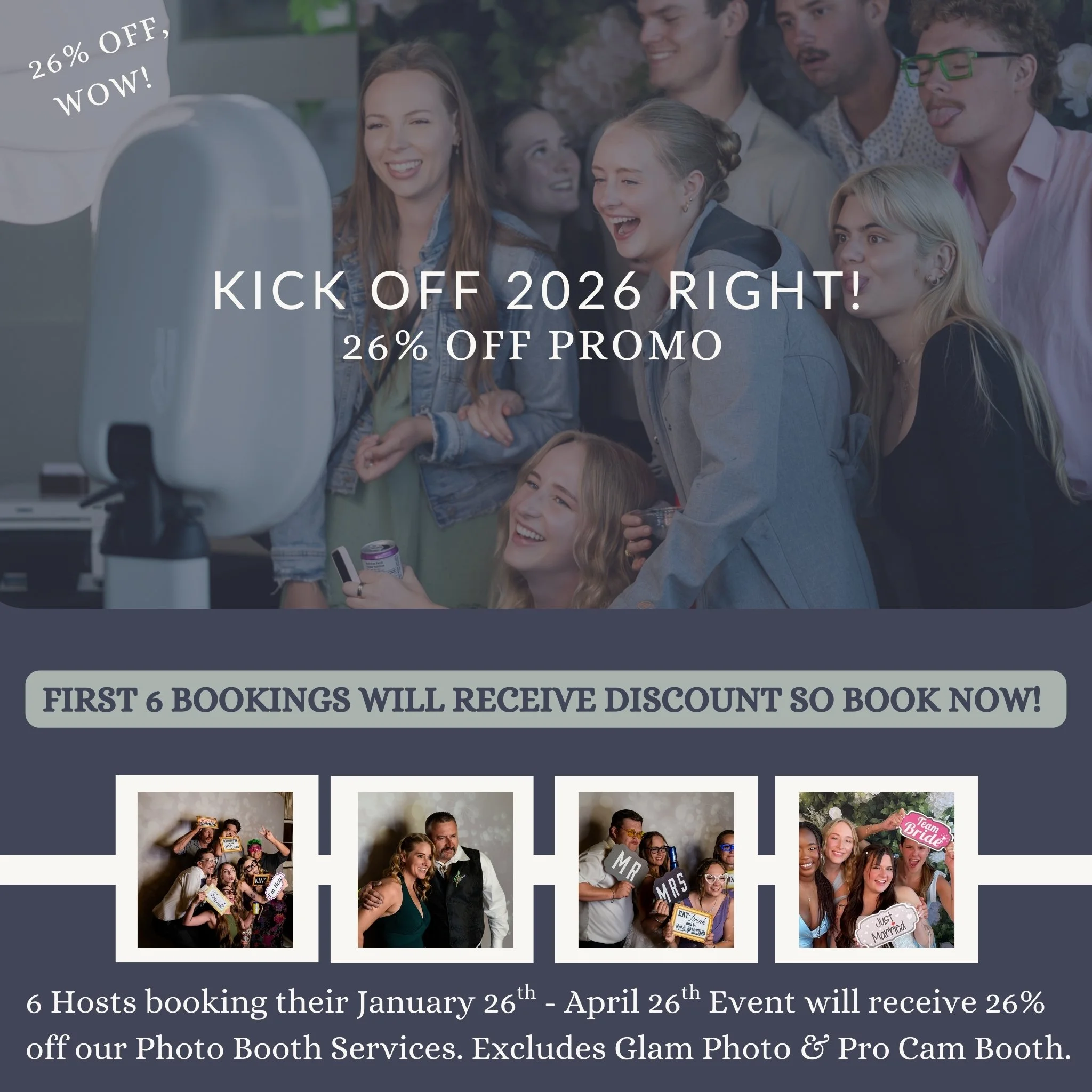 Guests laughing and posing together at a photo booth during an event, promoting Aspire Photography & Film’s Kick Off 2026 photo booth promotion with 26 percent off for a limited number of bookings.