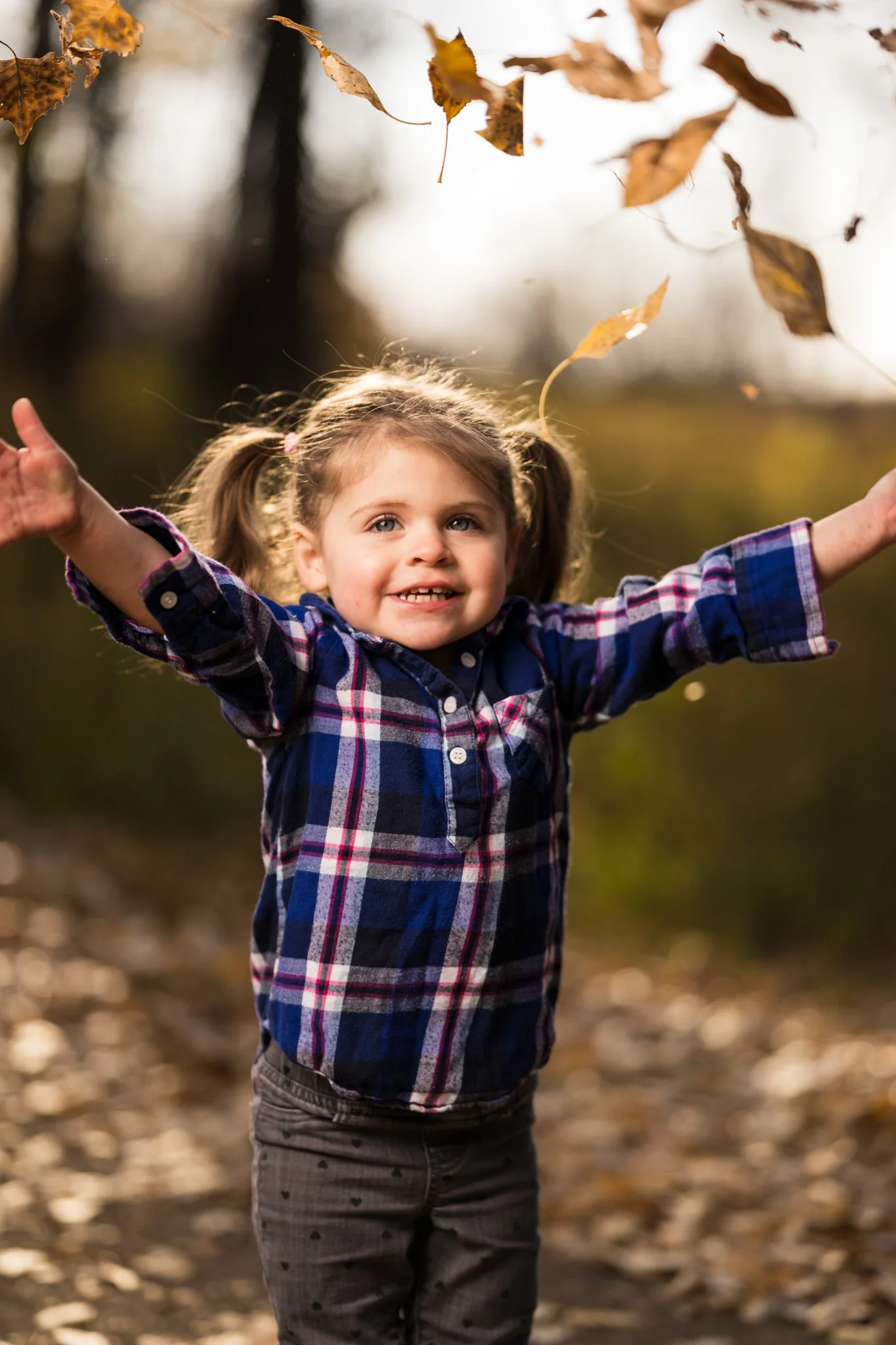 Happy young girl with pigtails and a plaid shirt playing with autumn leaves outdoors.