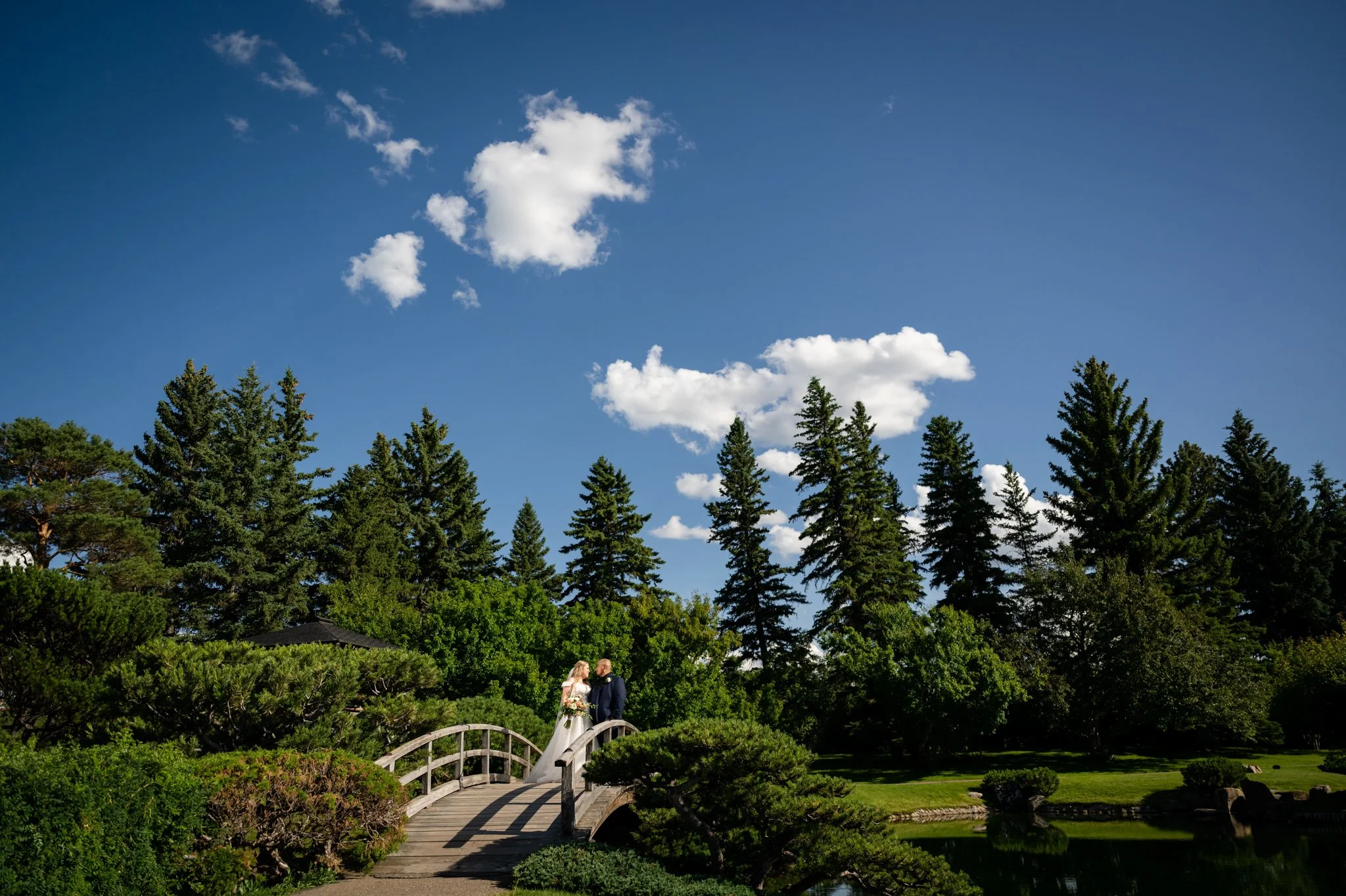 A bride and groom standing on a small arched wooden bridge in a lush garden with tall pine trees and a pond, under a bright blue sky with scattered white clouds.