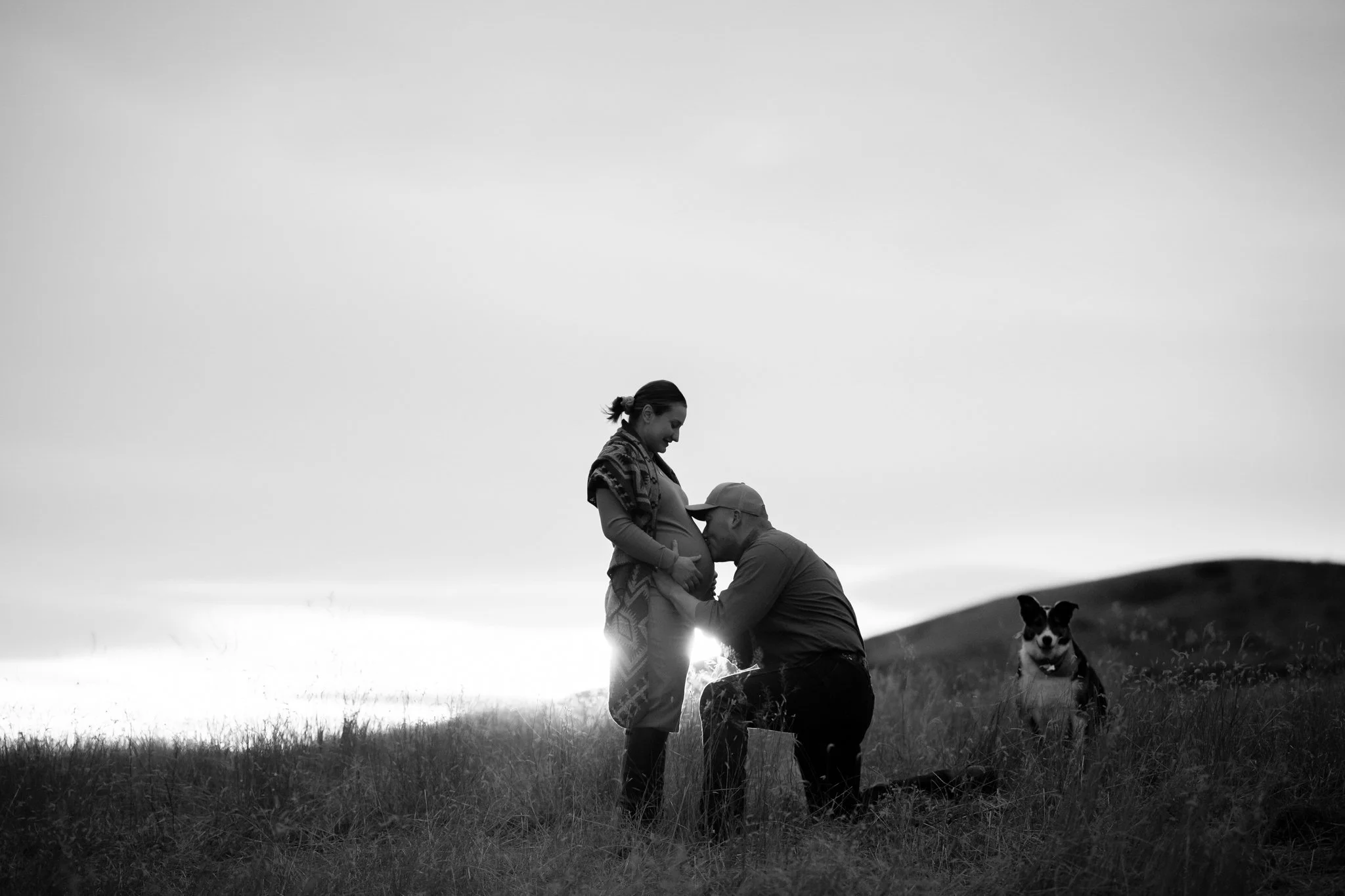 A pregnant woman and her partner in a field with her dog, during sunset or sunrise, black and white photo.