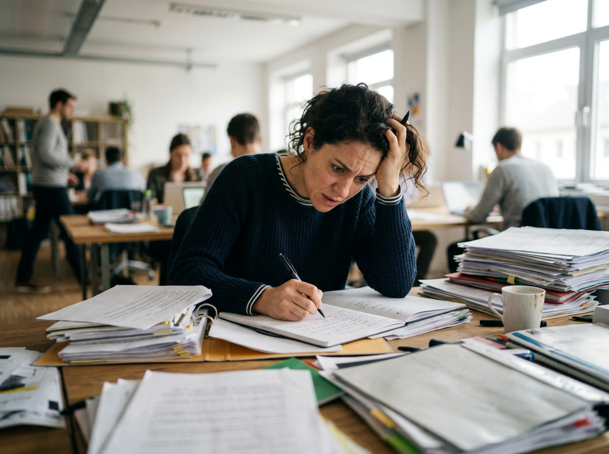 A frazzled woman is writing down mountains of information