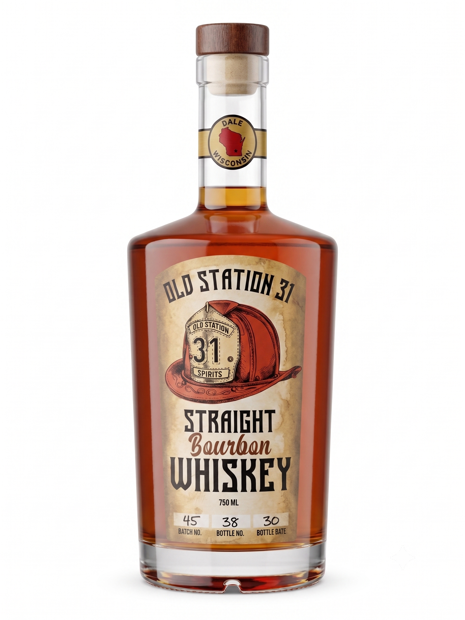 Bottle of Old Station 31 bourbon whiskey with a label showing a vintage style design, a barrel illustration, and batch number, bottle number, bottle date, and volume details.