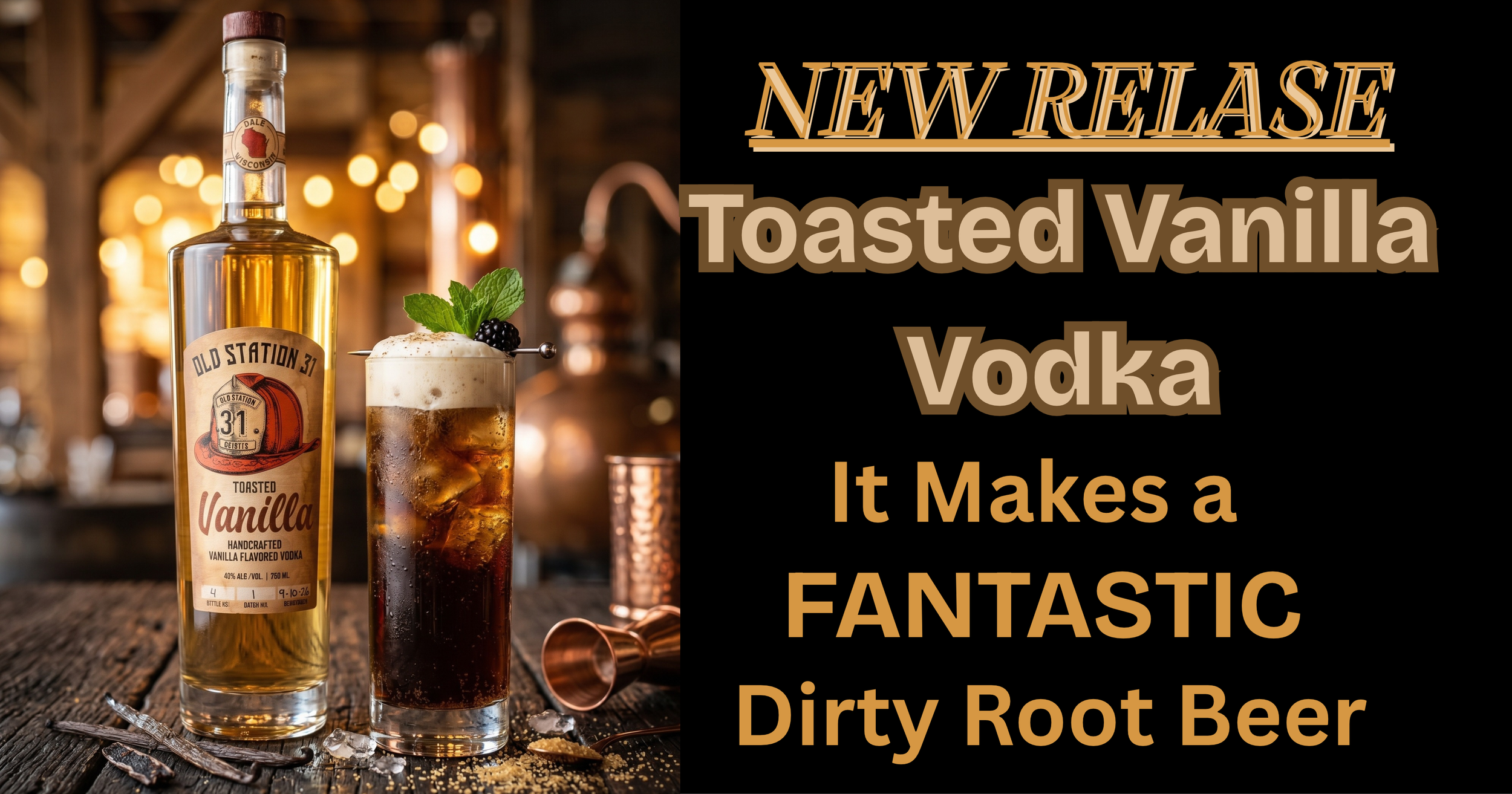 A bottle of Old Station 31 Toaasted Vanilla vodka next to a glass of dark root beer with ice and a whipped topping, on a rustic wooden table with blurred warm background lights.