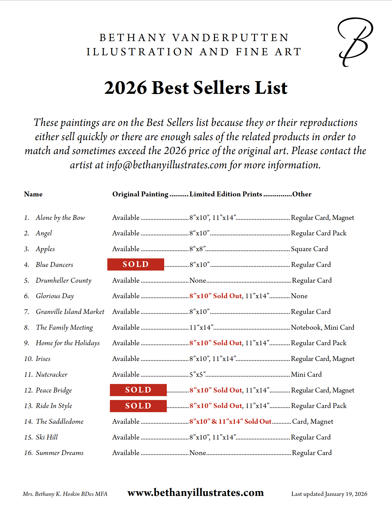 Bethany Illustrates Best Sellers List 2026