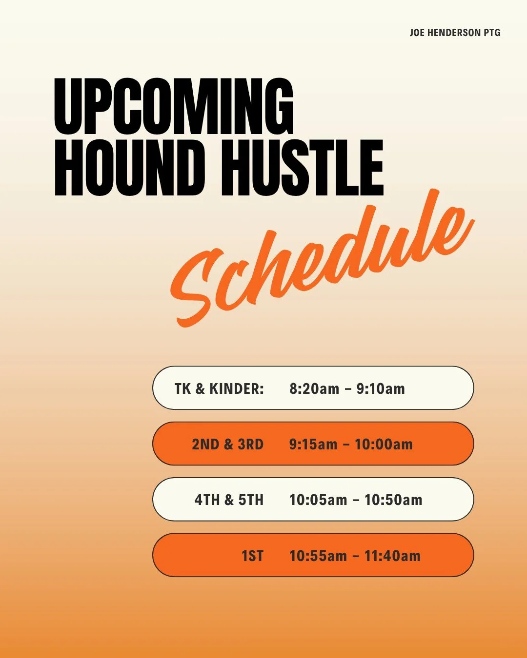 The Hound Hustle is almost here! If you plan on coming as a spectator, please check in at the D-Wing gate and remain in the designated spectator area. We kindly ask that you do not pull your student out of their class line during the event so everyth