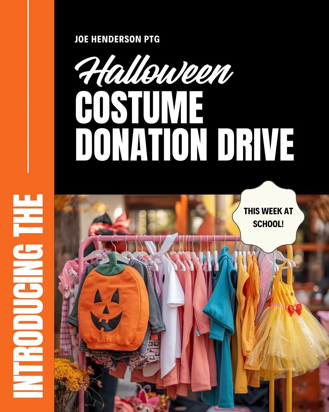 Hound families, we are hosting a halloween costume drive! Bring your gently used costumes to Joe Henderson on the following days to be used for next year's Joechella costume exchange/thrift booth. We will be accepting donations at a table out front b