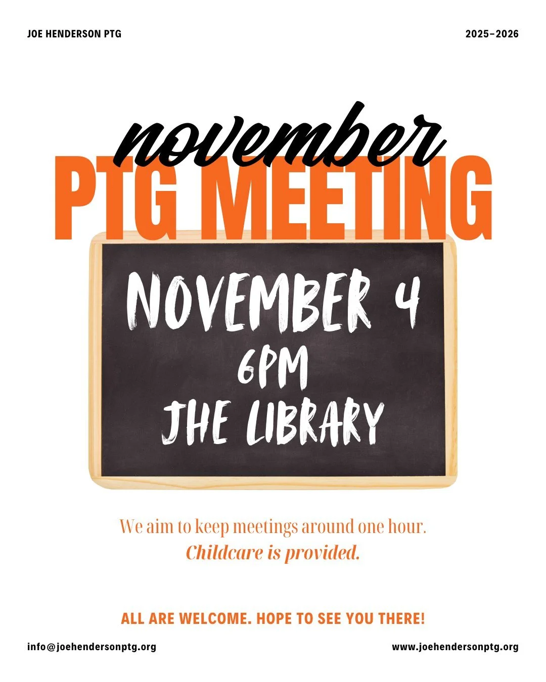 Our monthly PTG meeting takes place tonight (Election Day! November 4) at 6pm in the JHE library! We will be discussing upcoming events such as Ruby Bridges Walk to School Day and our winter movie night. You can also take a peek at our beautiful ofre