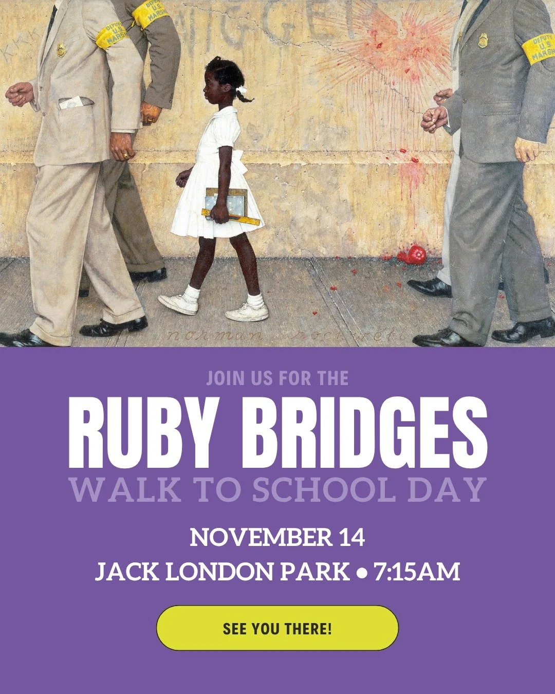 💜 Join us for our 4th Annual Ruby Bridges Walk to School Day!

📅 Friday, November 14
📍 7:15am at Jack London Park

Let&rsquo;s come together to honor Ruby Bridges&rsquo; courage and resilience. At just six years old, she made history in 1960 by be