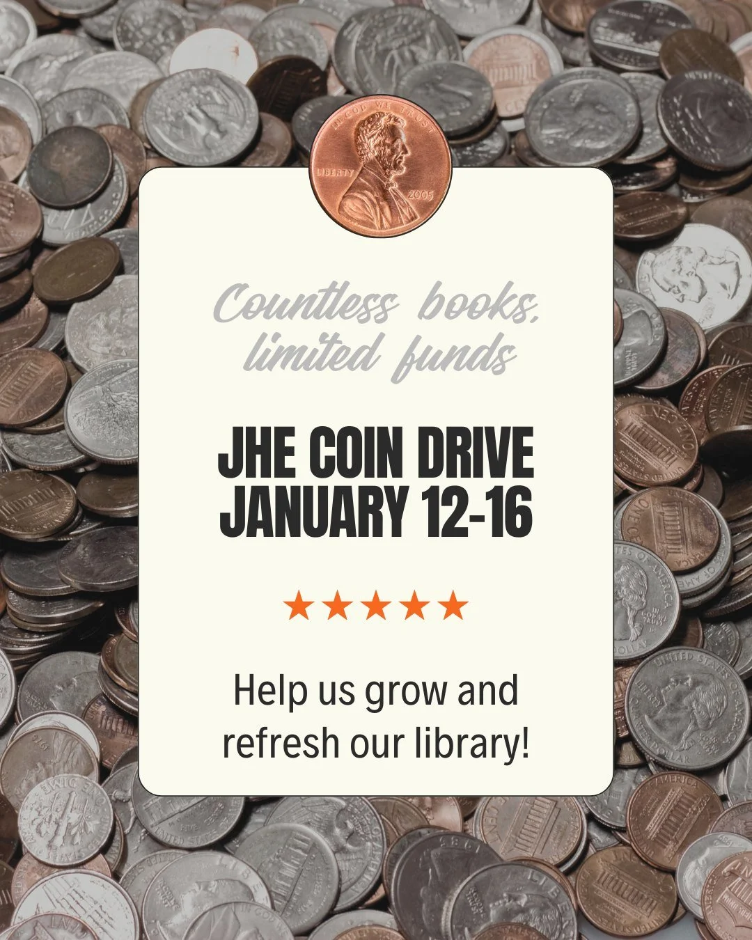 Next week, we&rsquo;re turning spare change into something special! Bring in your coins and help make a big impact on our school library. As resources for libraries continue to shrink, our community has a wonderful opportunity to step in and support 