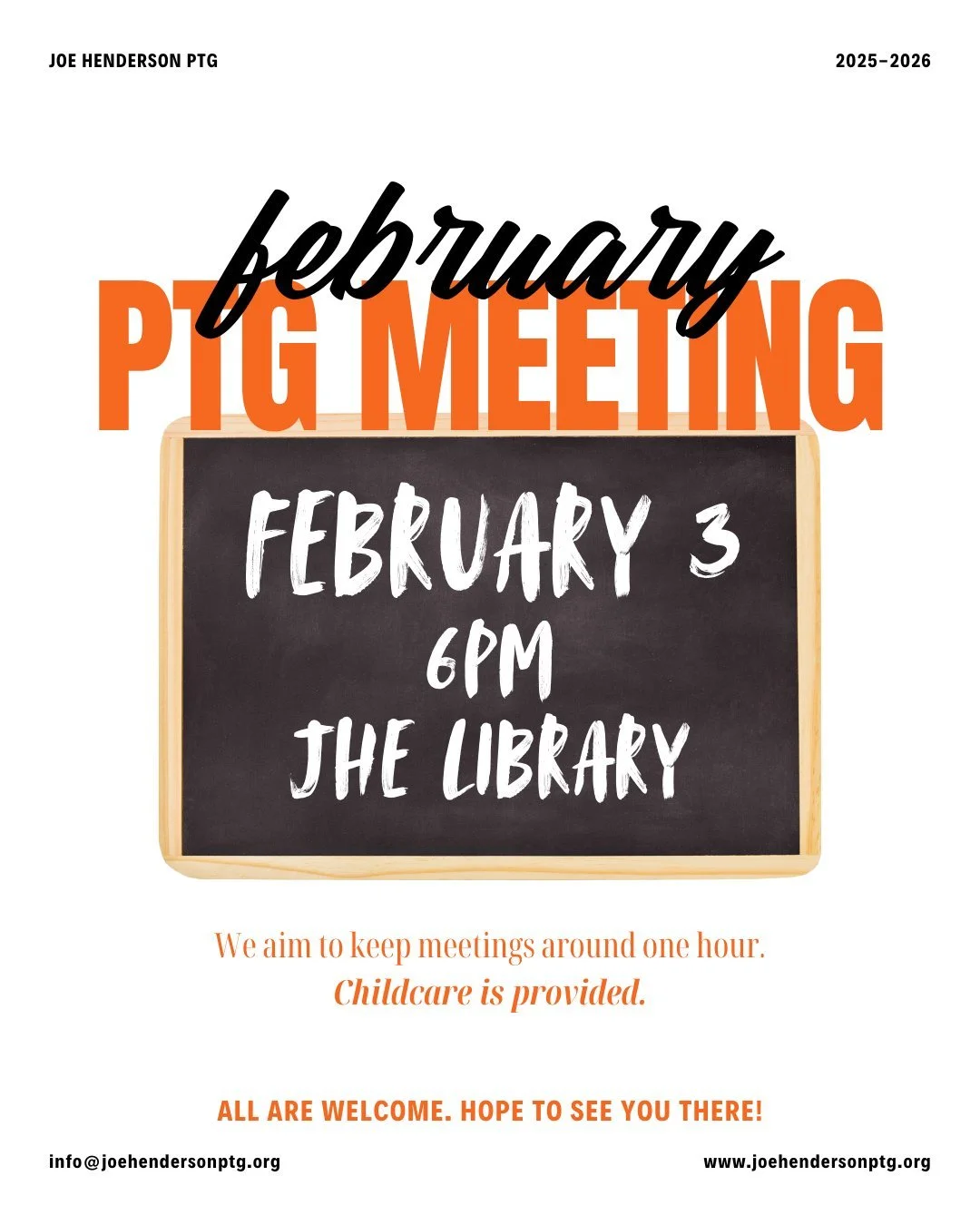 Our February PTG meeting is tonight and all are welcome! Come hear what is happening at our school, be the first to learn about upcoming events, and have the opportunity to help us plan future activities. Join us in the JHE library at 6pm, childcare 