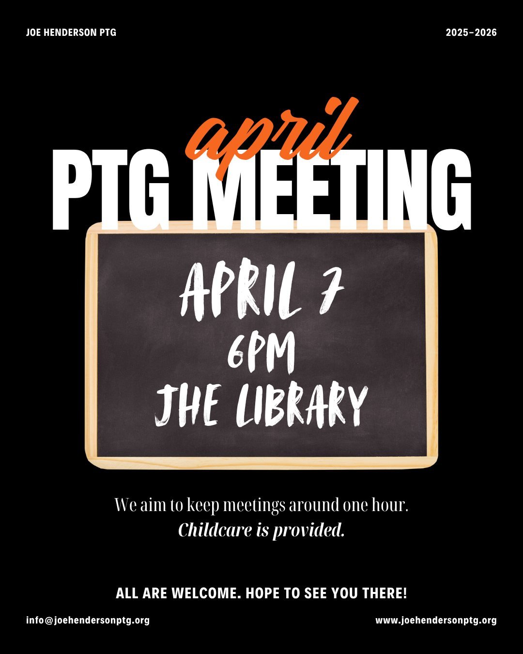 Welcome back from Spring Break! ☀️

We're jumping right back in and we hope you can join us tonight for our monthly PTG meeting.

🕕 6:00 PM
📍 School Library
👶 Childcare provided

Come hear the latest from staff, get a preview of upcoming events, a