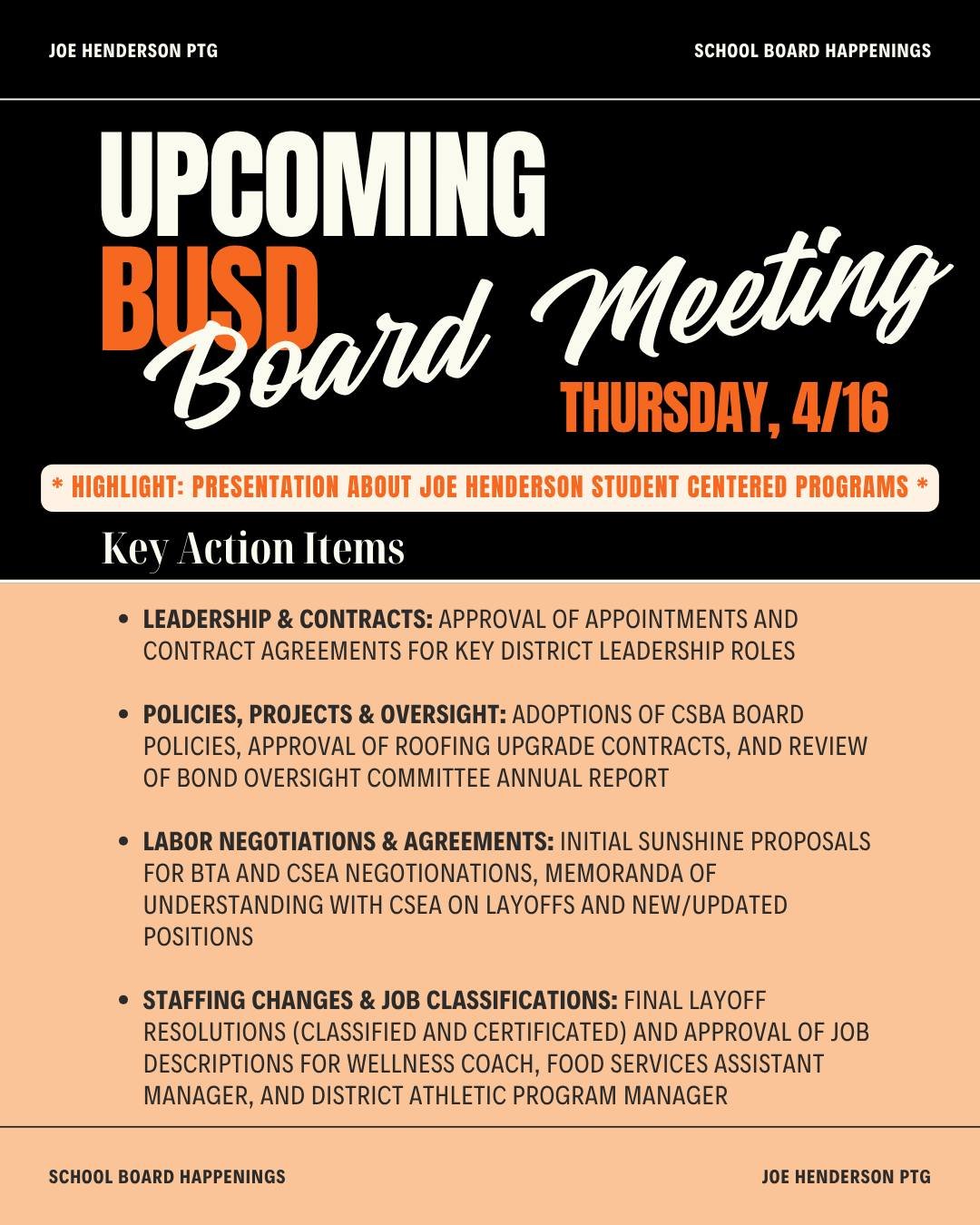 Attention: the next school board meeting takes place on this Thursday, April!

Looking for an easy way to say in the loop? The School Board's agenda summary is a quick and helpful way to stay up to date on what's happening in our schools and importan